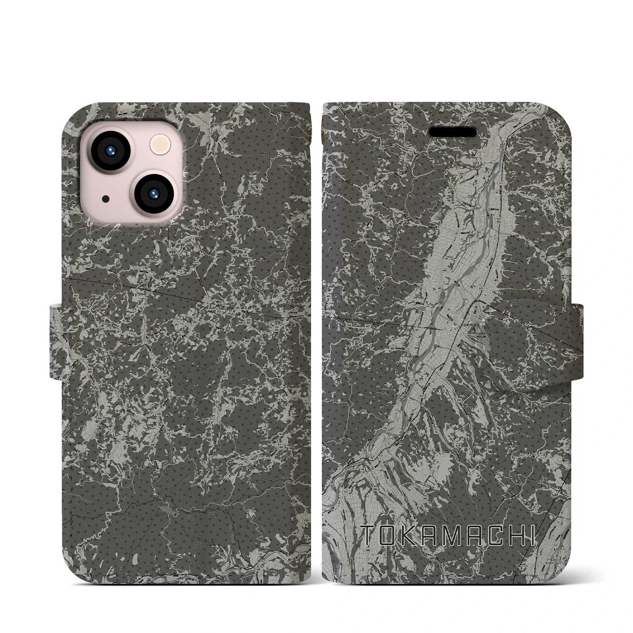 【十日町(新潟県)】地図柄iPhoneケース(手帳タイプ)モノトーン・iPhone 13 mini 用