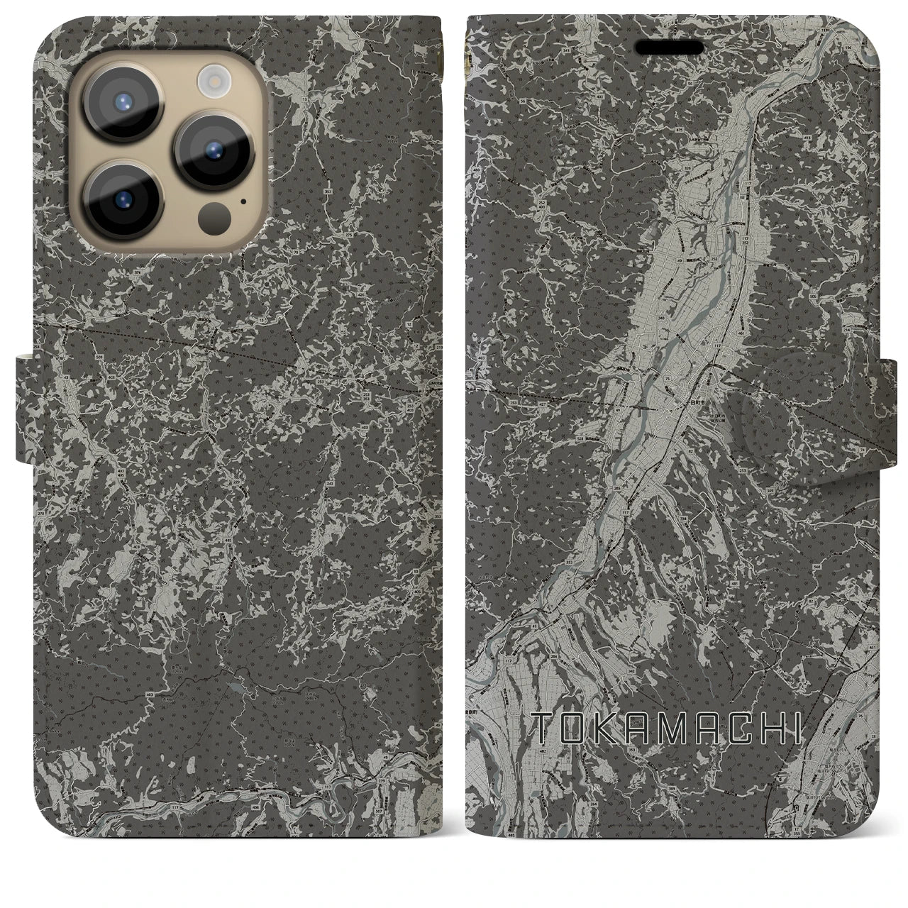 【十日町(新潟県)】地図柄iPhoneケース(手帳タイプ)モノトーン・iPhone 14 Pro Max 用