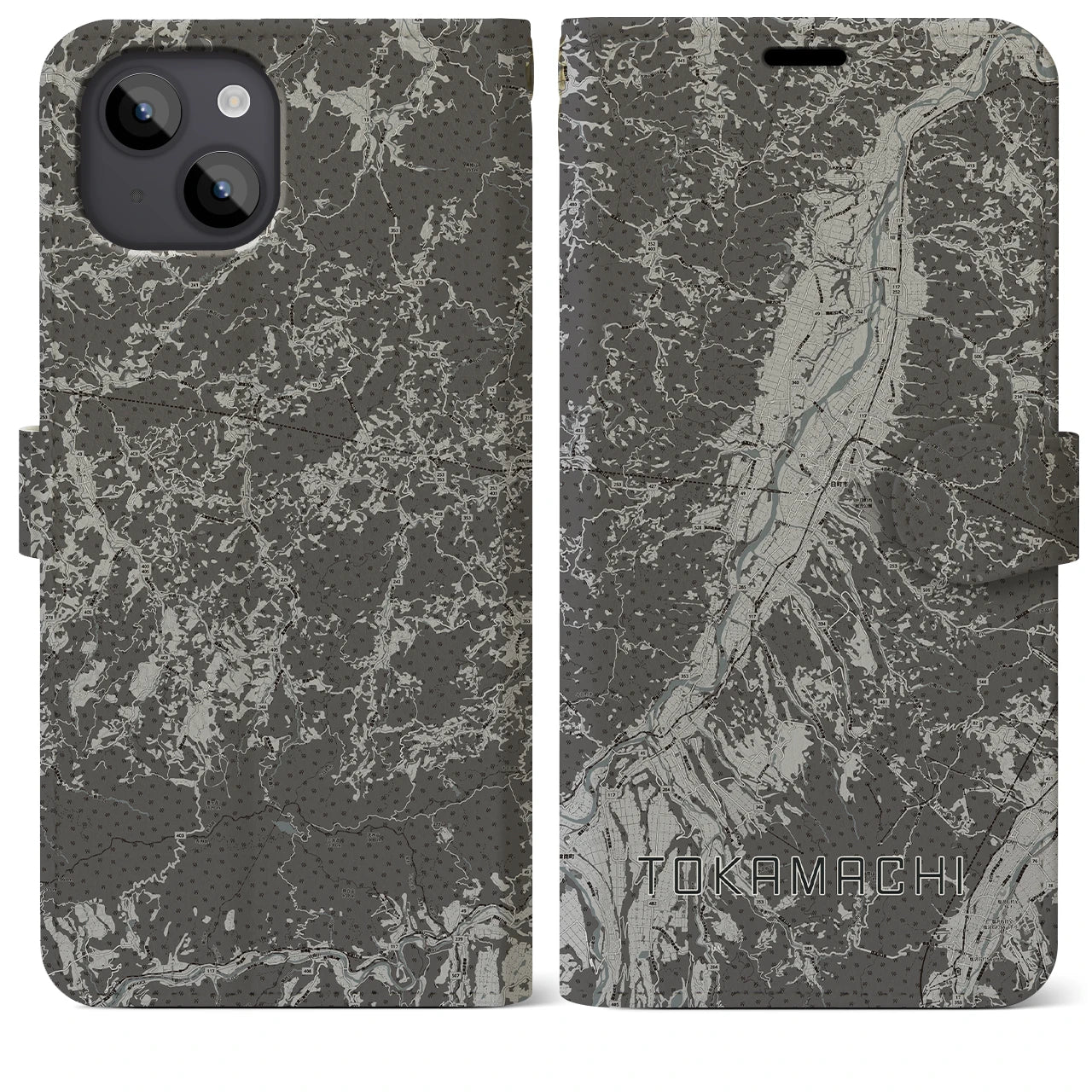 【十日町(新潟県)】地図柄iPhoneケース(手帳タイプ)モノトーン・iPhone 14 Plus 用