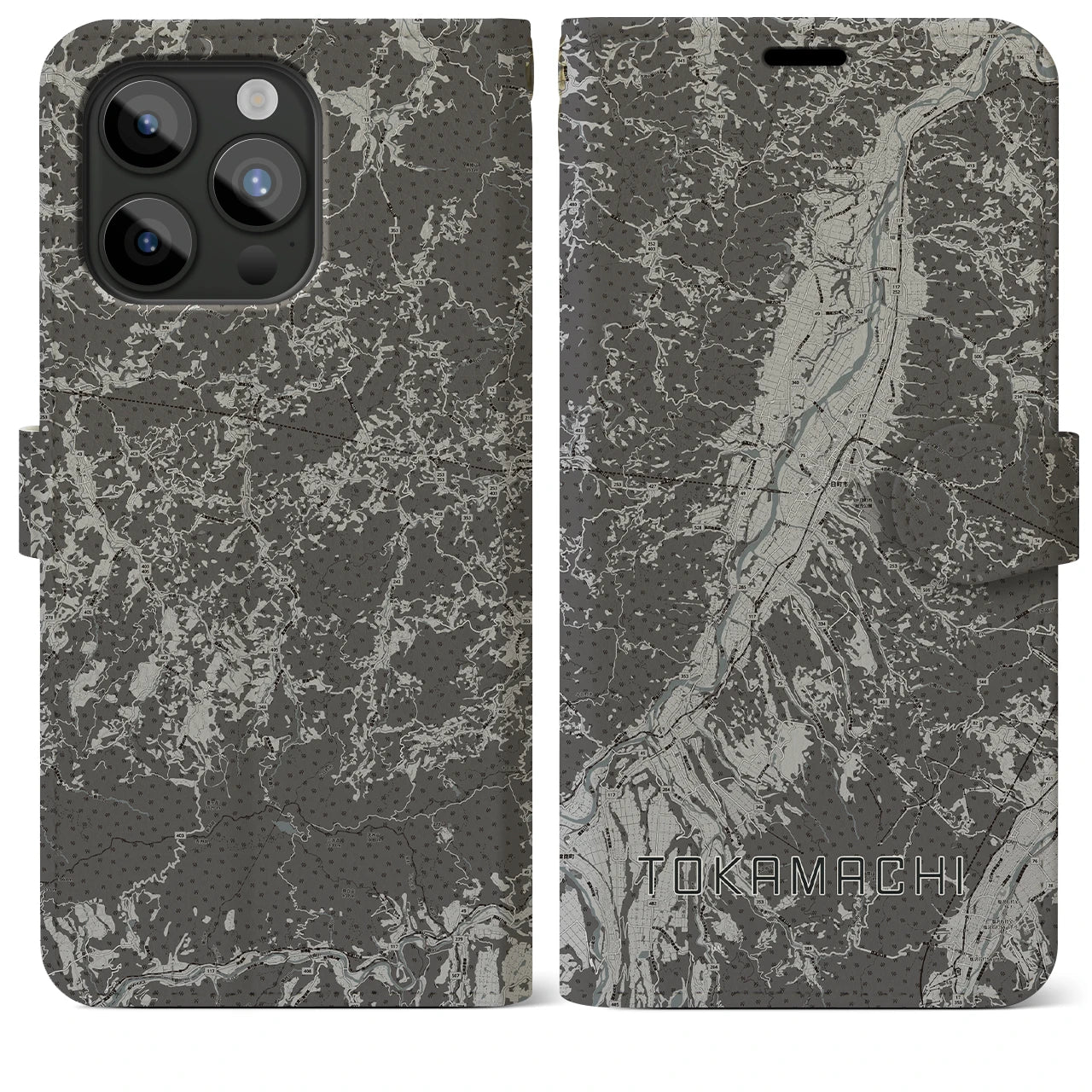 【十日町(新潟県)】地図柄iPhoneケース(手帳タイプ)モノトーン・iPhone 15 Pro Max 用