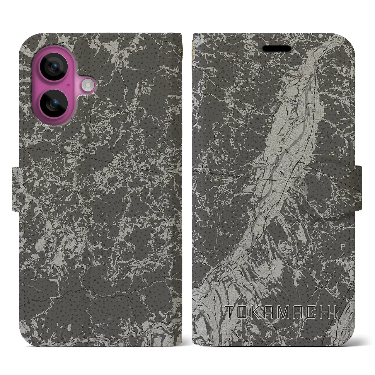 【十日町(新潟県)】地図柄iPhoneケース(手帳タイプ)モノトーン・iPhone 16 Pro 用
