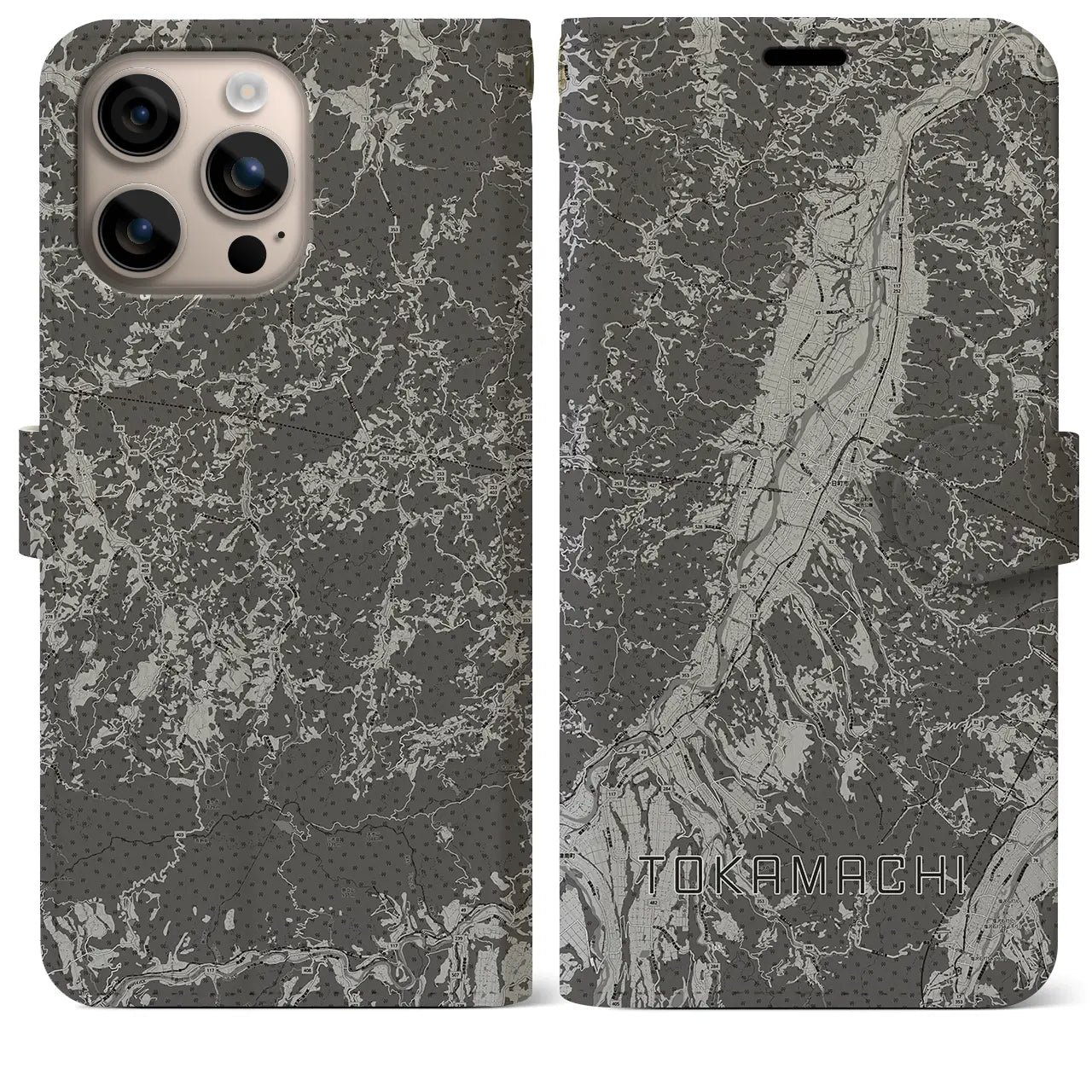 【十日町(新潟県)】地図柄iPhoneケース(手帳タイプ)モノトーン・iPhone 16 Plus 用