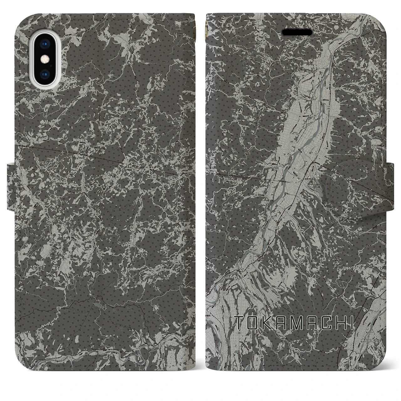 【十日町(新潟県)】地図柄iPhoneケース(手帳タイプ)モノトーン・iPhone XS Max 用