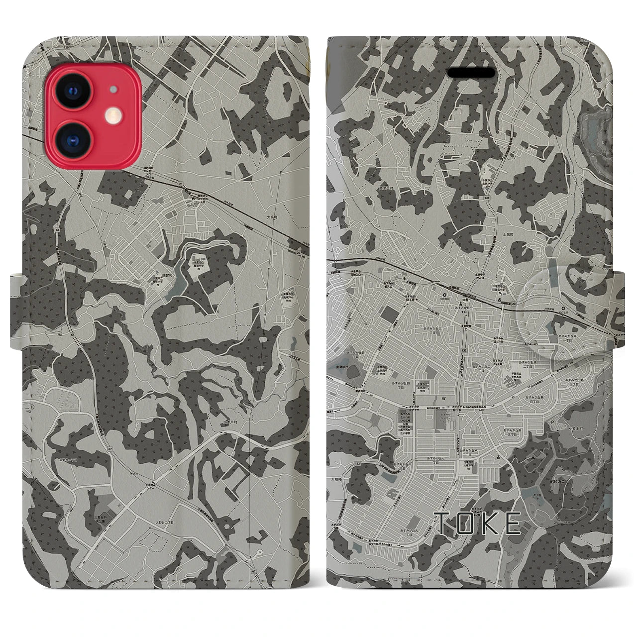 【土気(千葉県)】地図柄iPhoneケース(手帳タイプ)モノトーン・iPhone 11 用