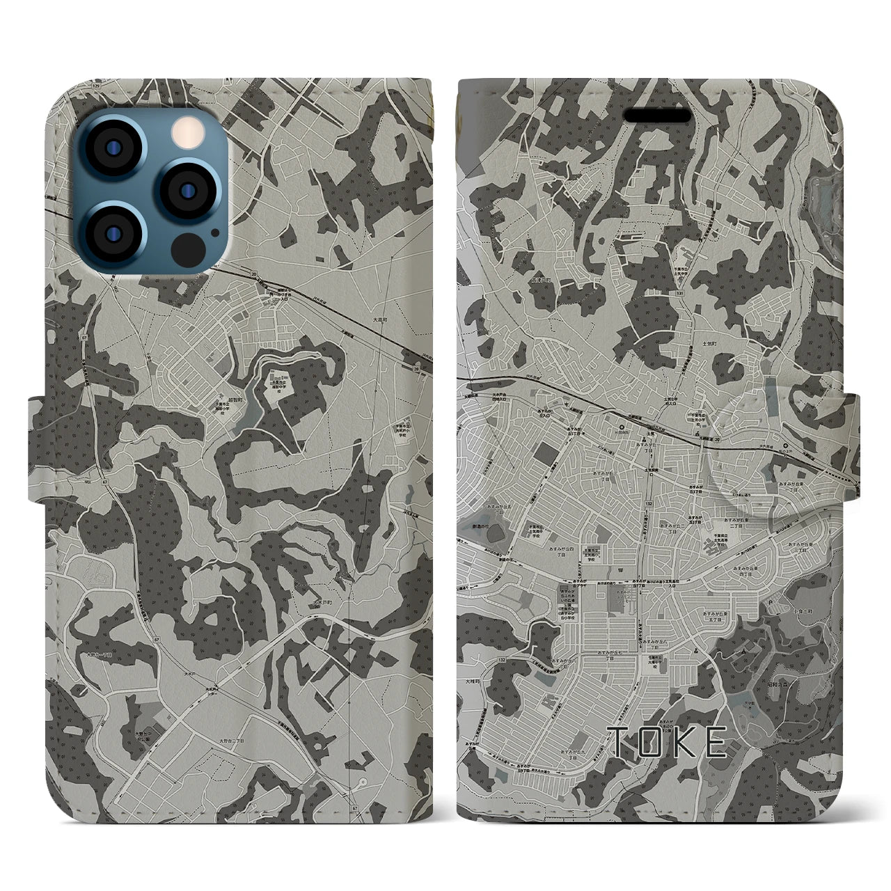 【土気(千葉県)】地図柄iPhoneケース(手帳タイプ)モノトーン・iPhone 12 / 12 Pro 用