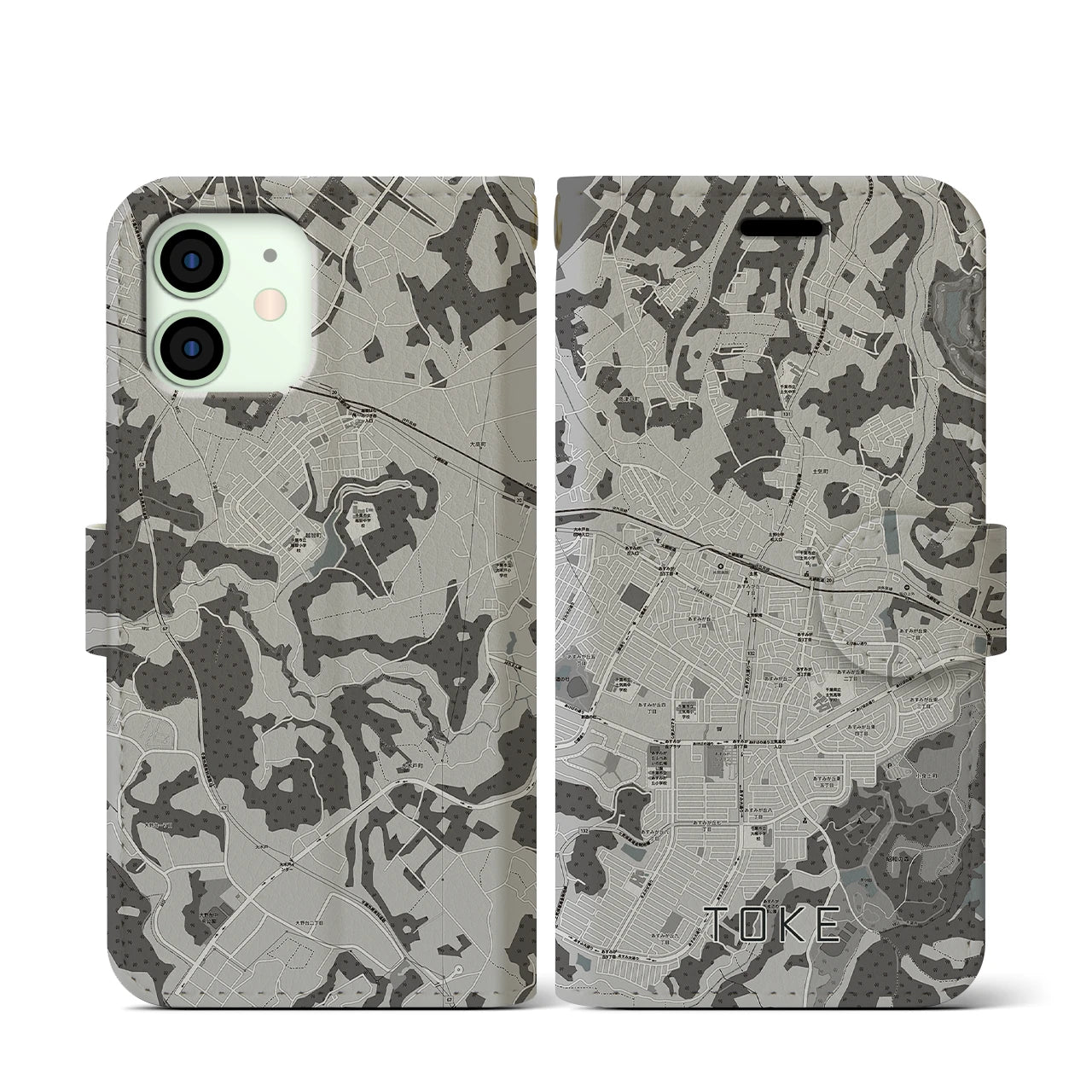 【土気(千葉県)】地図柄iPhoneケース(手帳タイプ)モノトーン・iPhone 12 mini 用