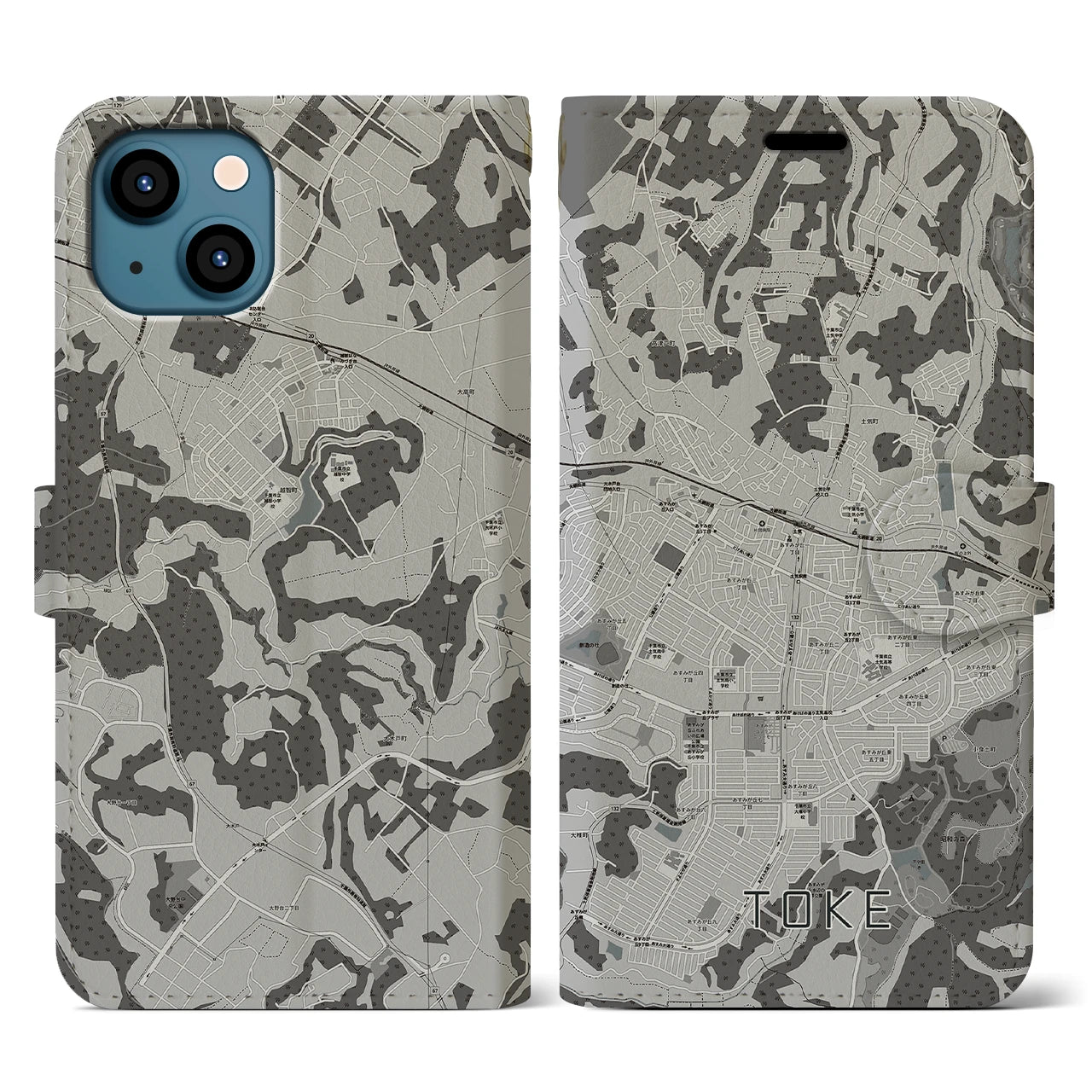 【土気(千葉県)】地図柄iPhoneケース(手帳タイプ)モノトーン・iPhone 13 用