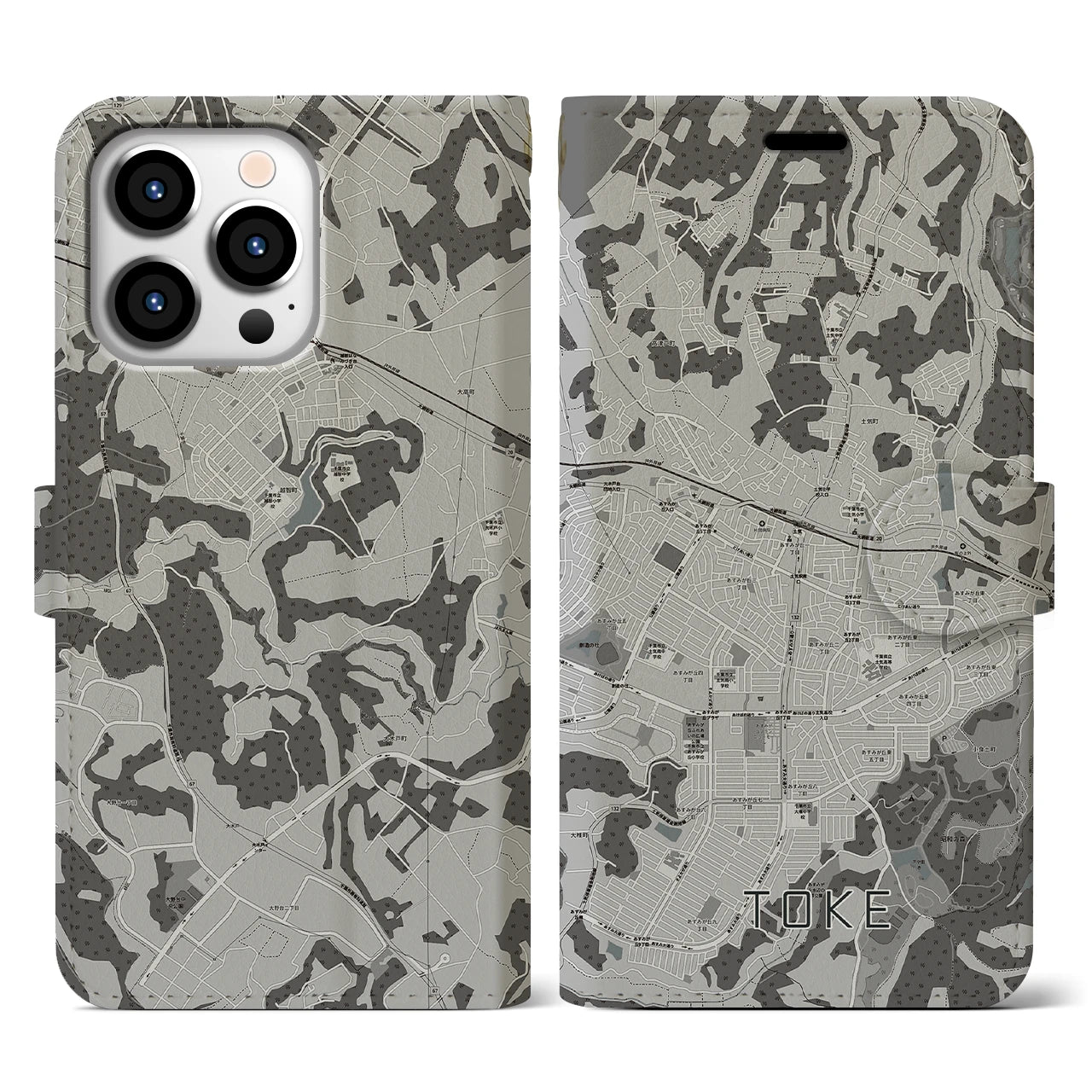 【土気(千葉県)】地図柄iPhoneケース(手帳タイプ)モノトーン・iPhone 13 Pro 用