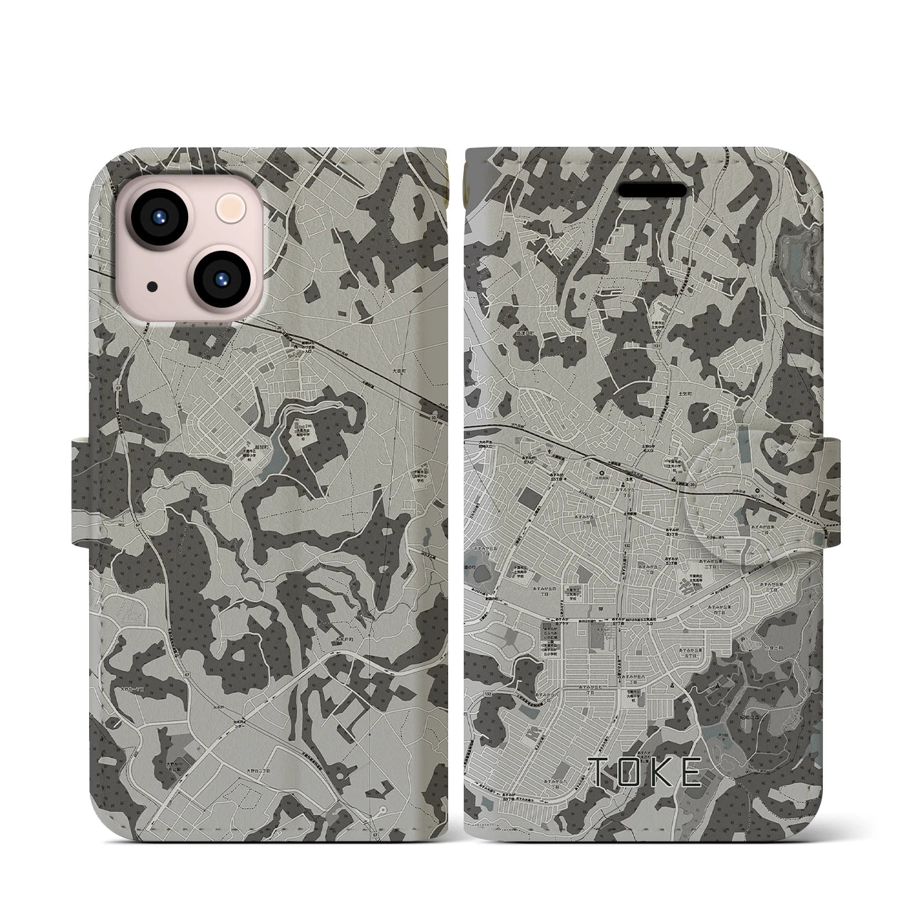 【土気(千葉県)】地図柄iPhoneケース(手帳タイプ)モノトーン・iPhone 13 mini 用