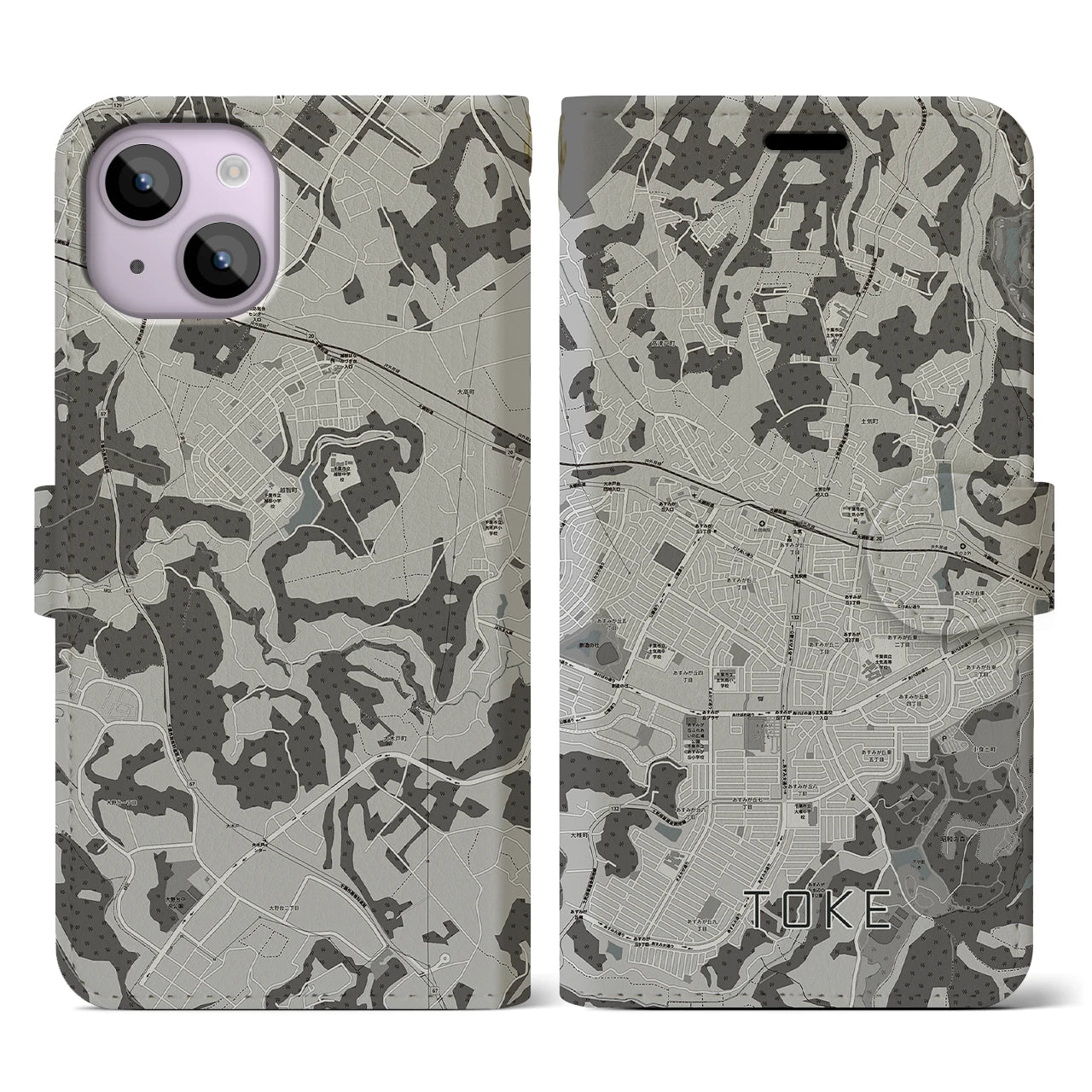【土気(千葉県)】地図柄iPhoneケース(手帳タイプ)モノトーン・iPhone 14 用