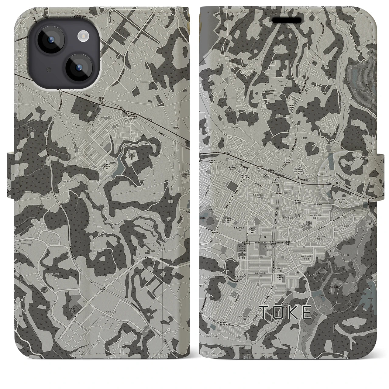 【土気(千葉県)】地図柄iPhoneケース(手帳タイプ)モノトーン・iPhone 14 Plus 用