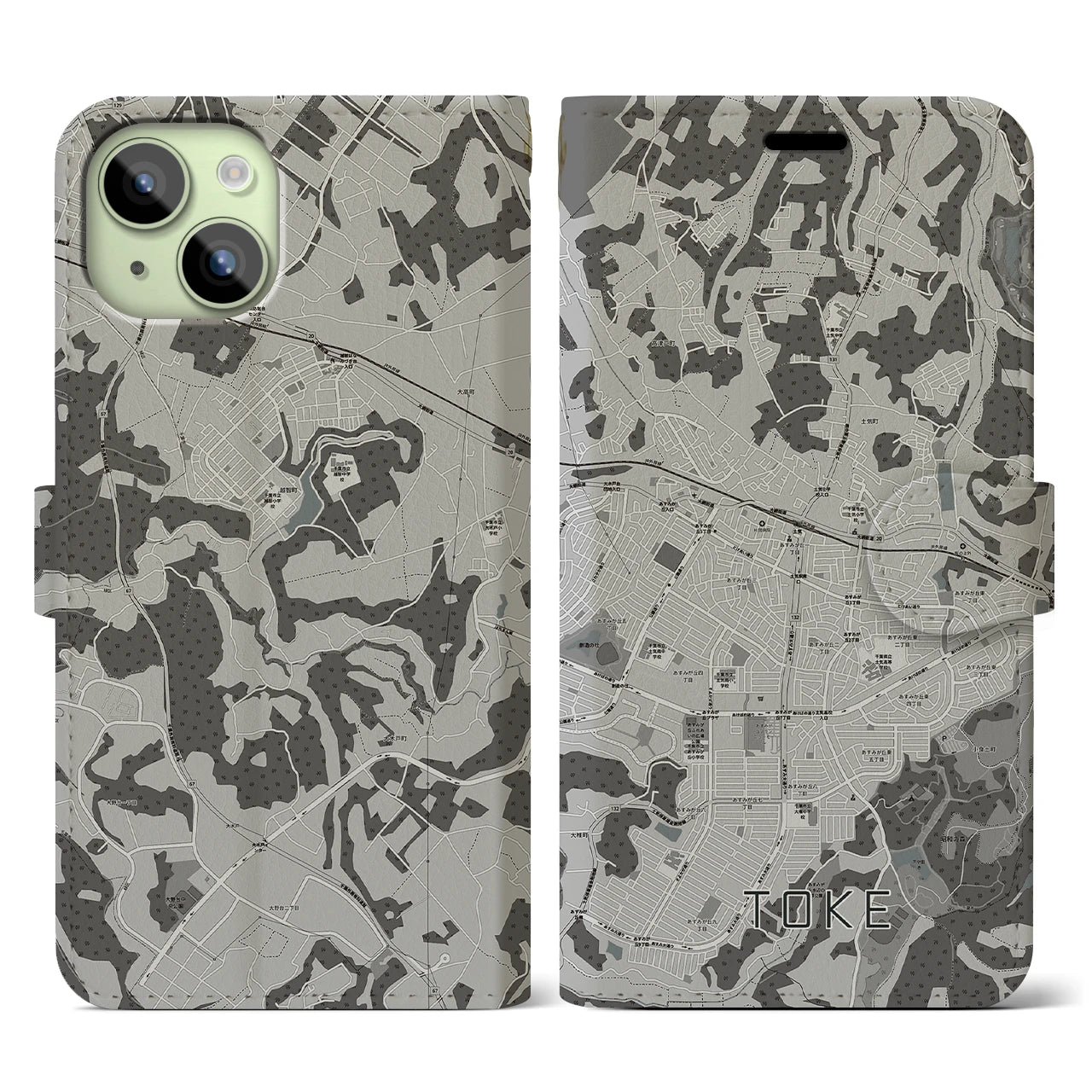 【土気(千葉県)】地図柄iPhoneケース(手帳タイプ)モノトーン・iPhone 15 用