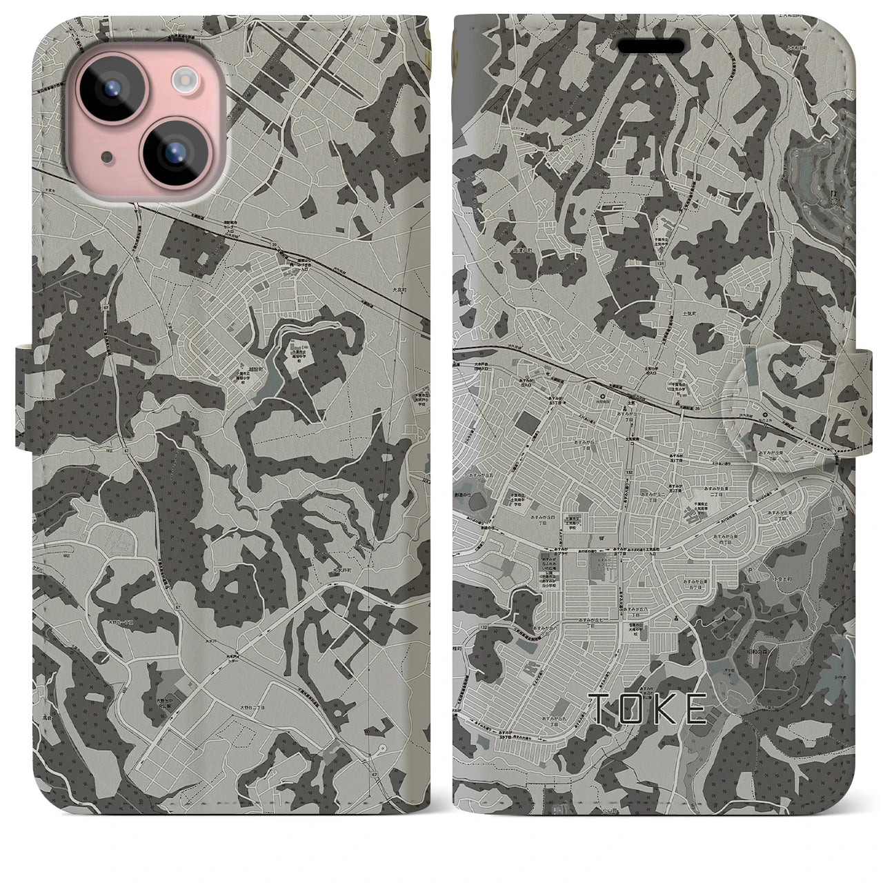 【土気(千葉県)】地図柄iPhoneケース(手帳タイプ)モノトーン・iPhone 15 Plus 用