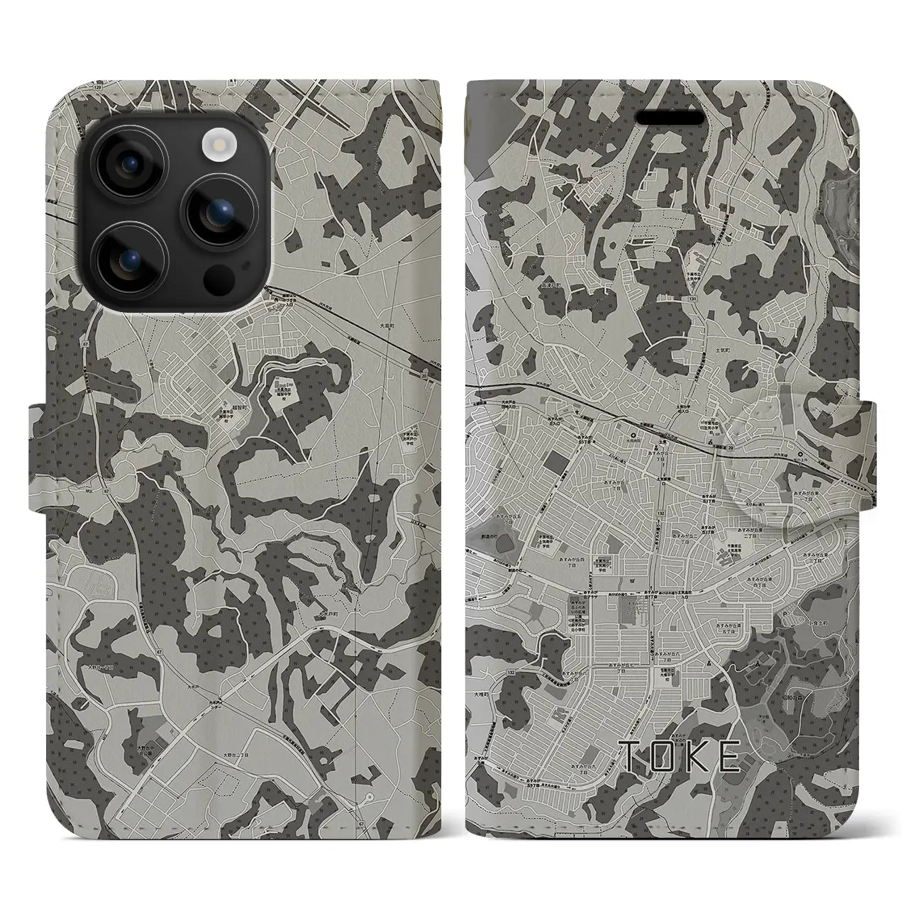 【土気(千葉県)】地図柄iPhoneケース(手帳タイプ)モノトーン・iPhone 16 用