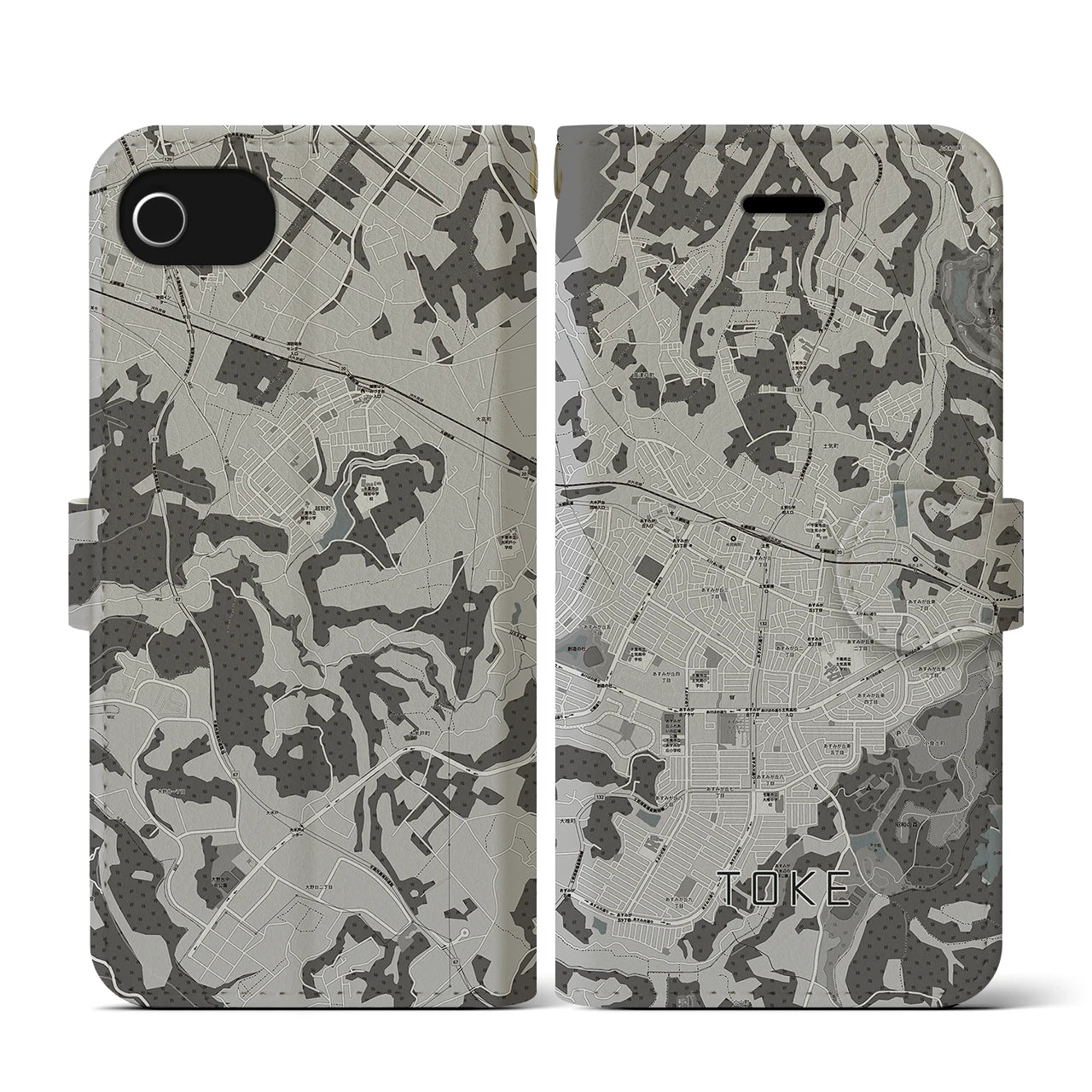 【土気(千葉県)】地図柄iPhoneケース(手帳タイプ)モノトーン・iPhone SE(第3 / 第2世代) / 8 / 7 / 6s / 6 用