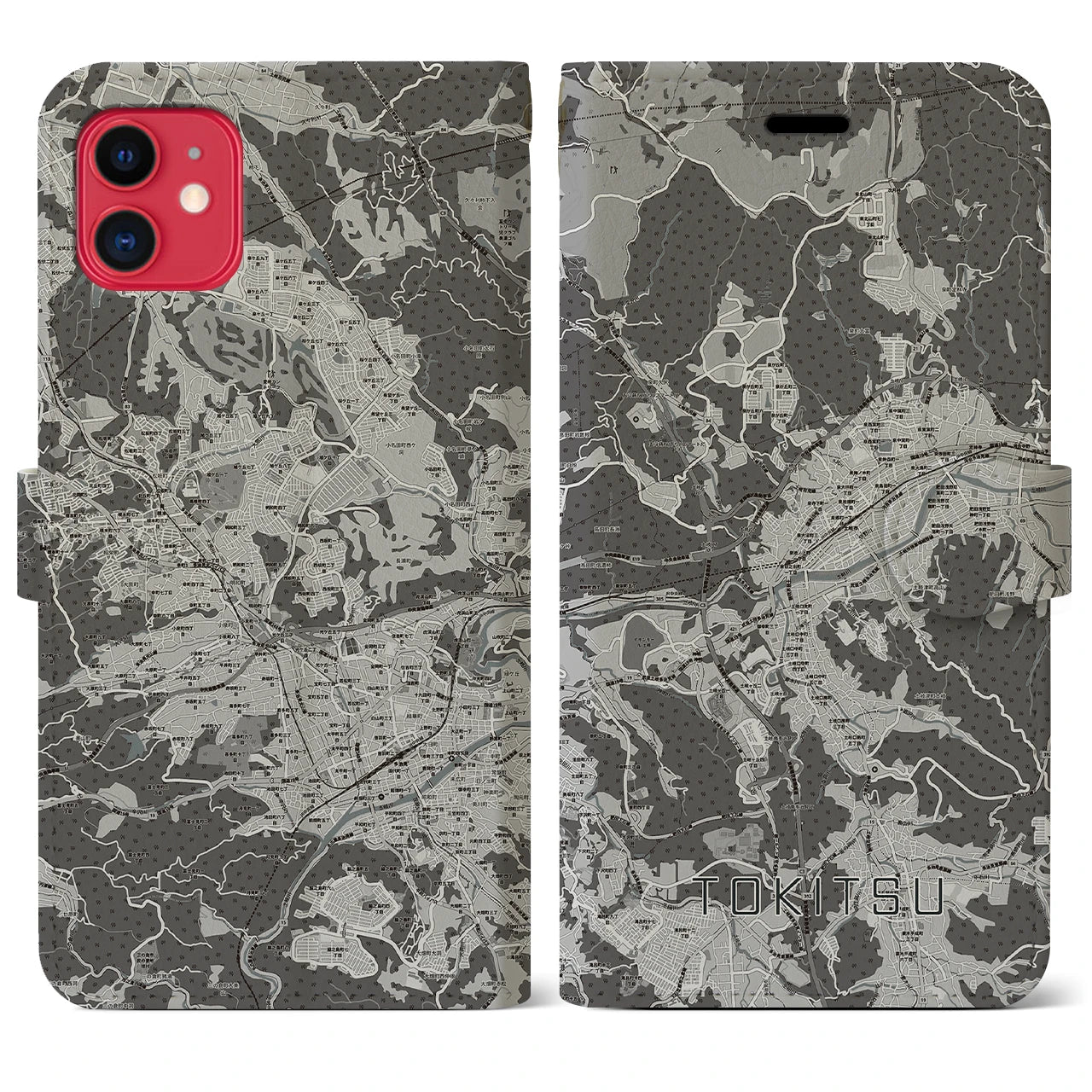 【土岐津(岐阜県)】地図柄iPhoneケース(手帳タイプ)モノトーン・iPhone 11 用