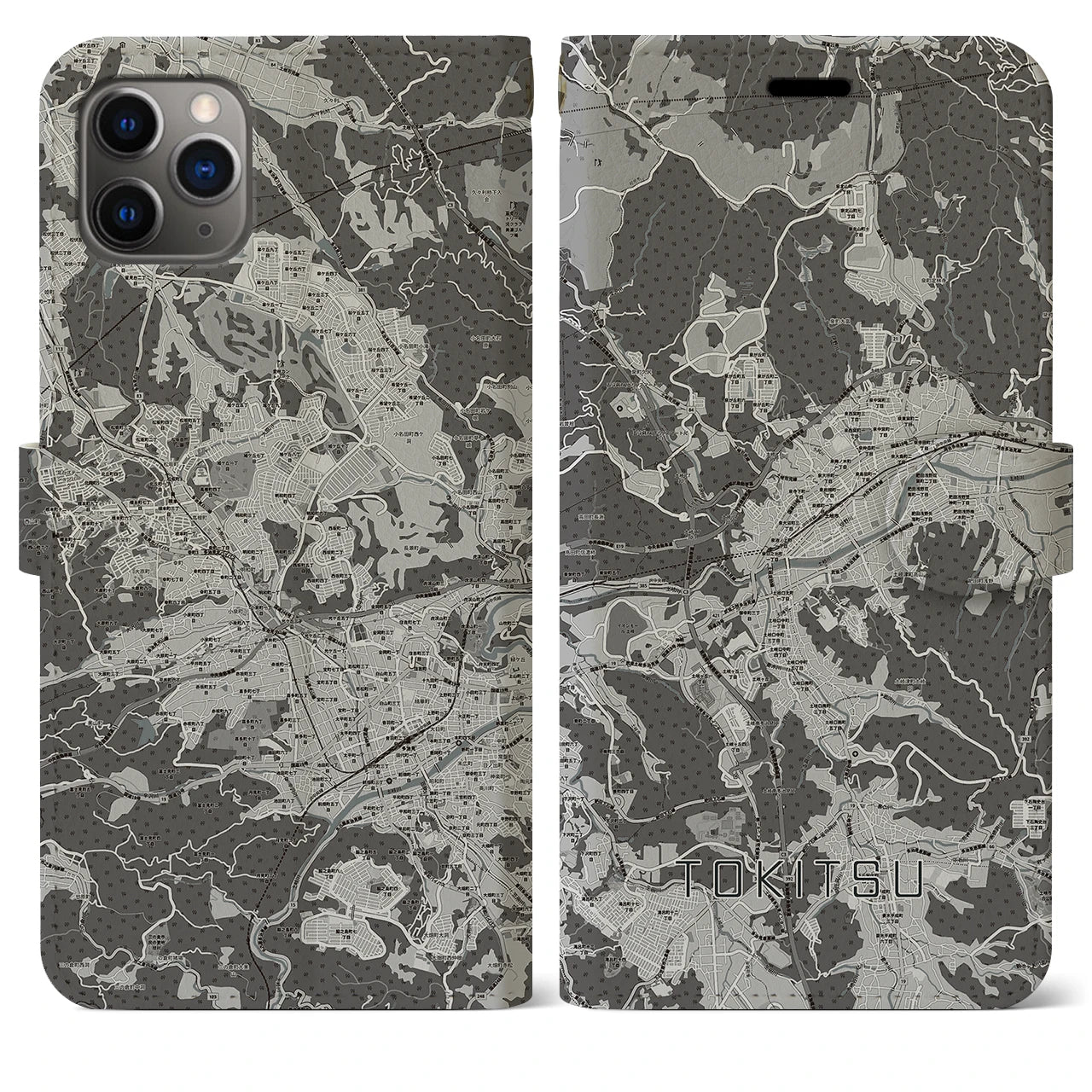【土岐津(岐阜県)】地図柄iPhoneケース(手帳タイプ)モノトーン・iPhone 11 Pro Max 用