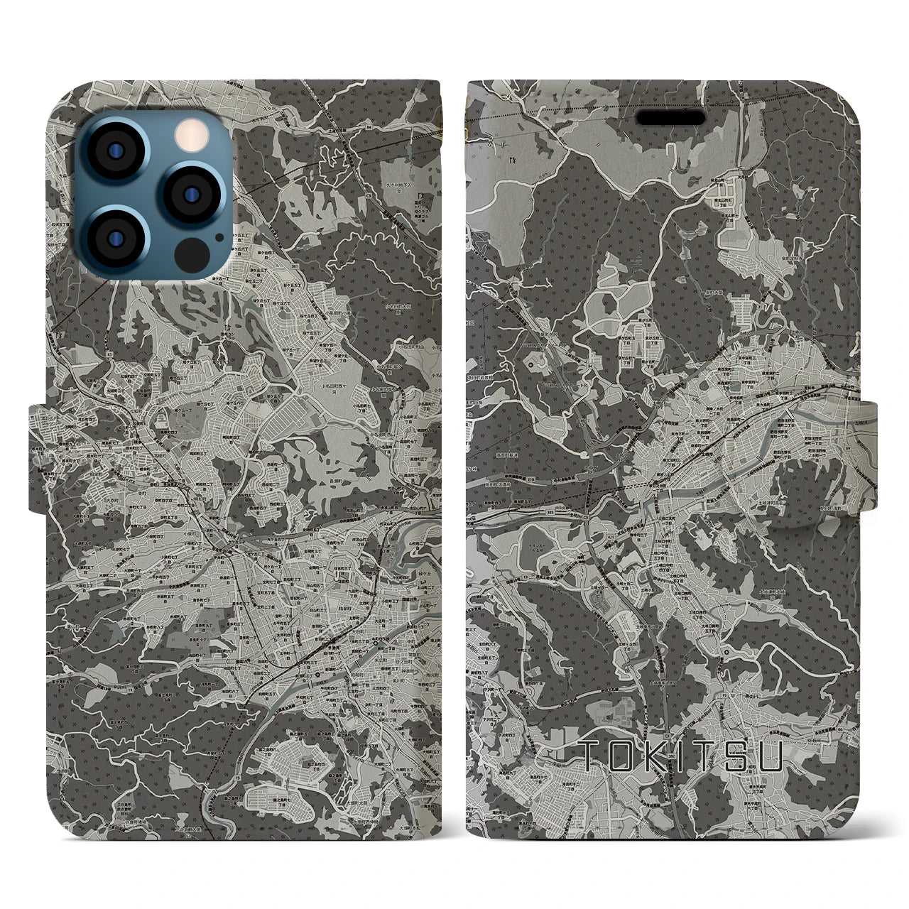 【土岐津(岐阜県)】地図柄iPhoneケース(手帳タイプ)モノトーン・iPhone 12 / 12 Pro 用