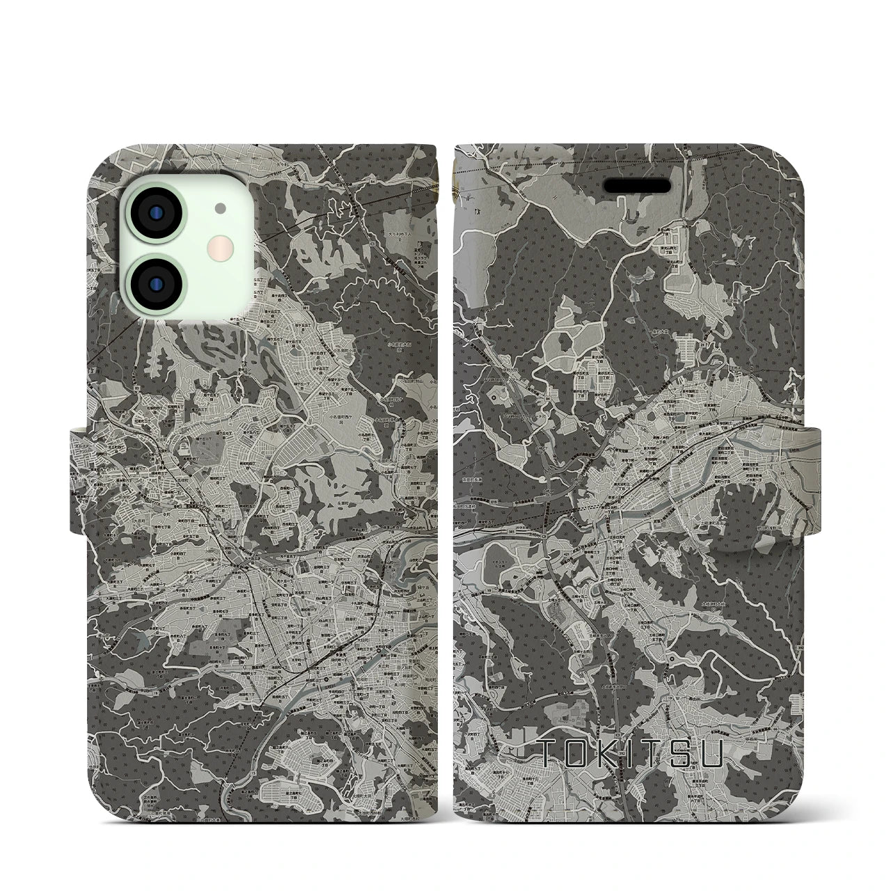 【土岐津(岐阜県)】地図柄iPhoneケース(手帳タイプ)モノトーン・iPhone 12 mini 用