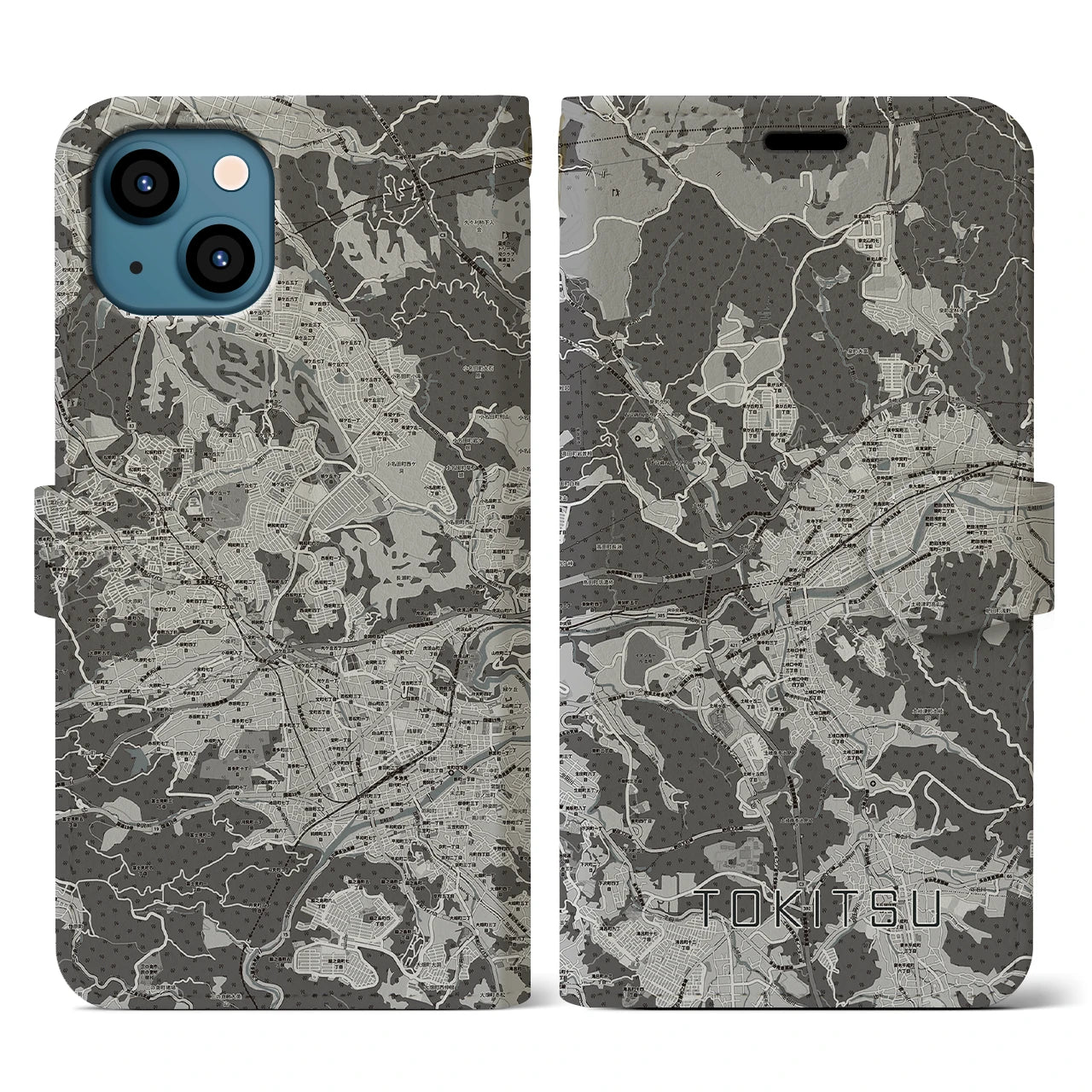 【土岐津(岐阜県)】地図柄iPhoneケース(手帳タイプ)モノトーン・iPhone 13 用