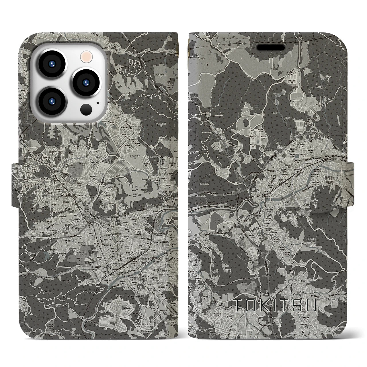 【土岐津(岐阜県)】地図柄iPhoneケース(手帳タイプ)モノトーン・iPhone 13 Pro 用