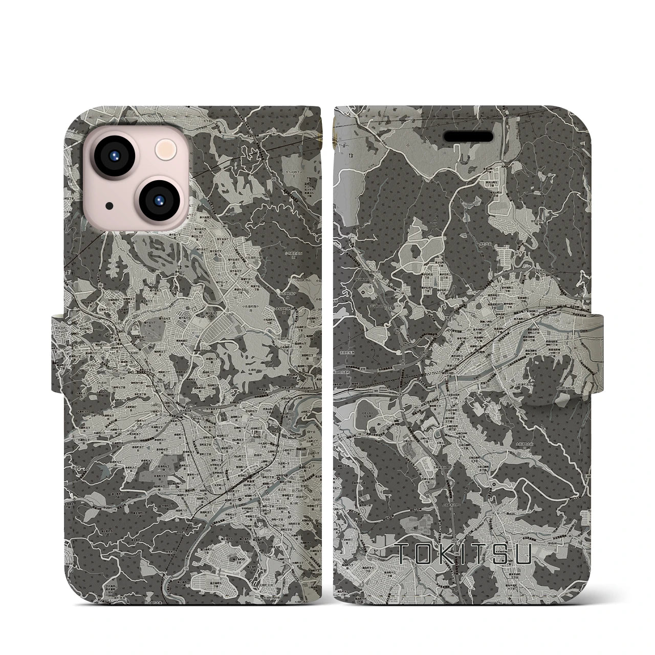 【土岐津(岐阜県)】地図柄iPhoneケース(手帳タイプ)モノトーン・iPhone 13 mini 用