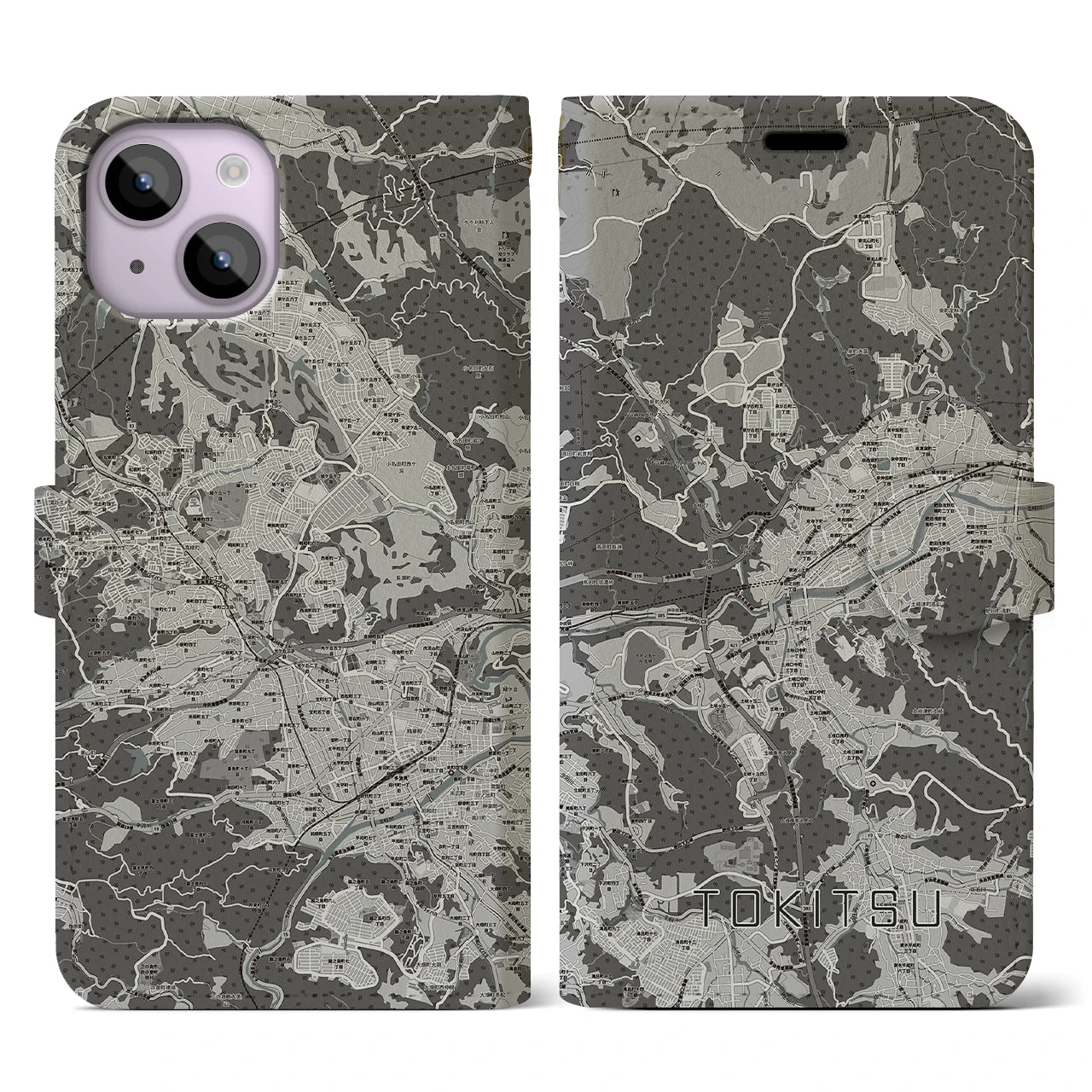 【土岐津(岐阜県)】地図柄iPhoneケース(手帳タイプ)モノトーン・iPhone 14 用