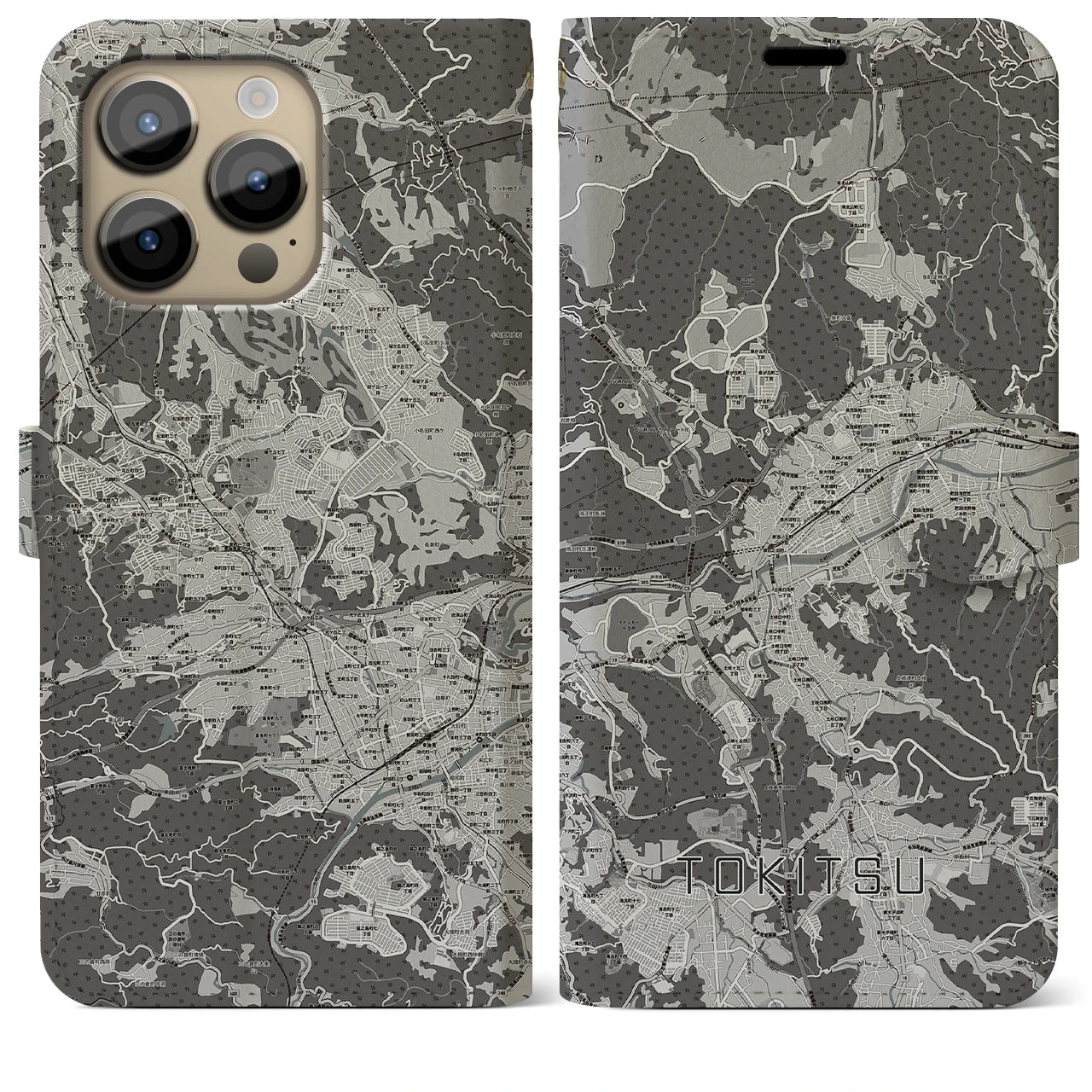 【土岐津(岐阜県)】地図柄iPhoneケース(手帳タイプ)モノトーン・iPhone 14 Pro Max 用