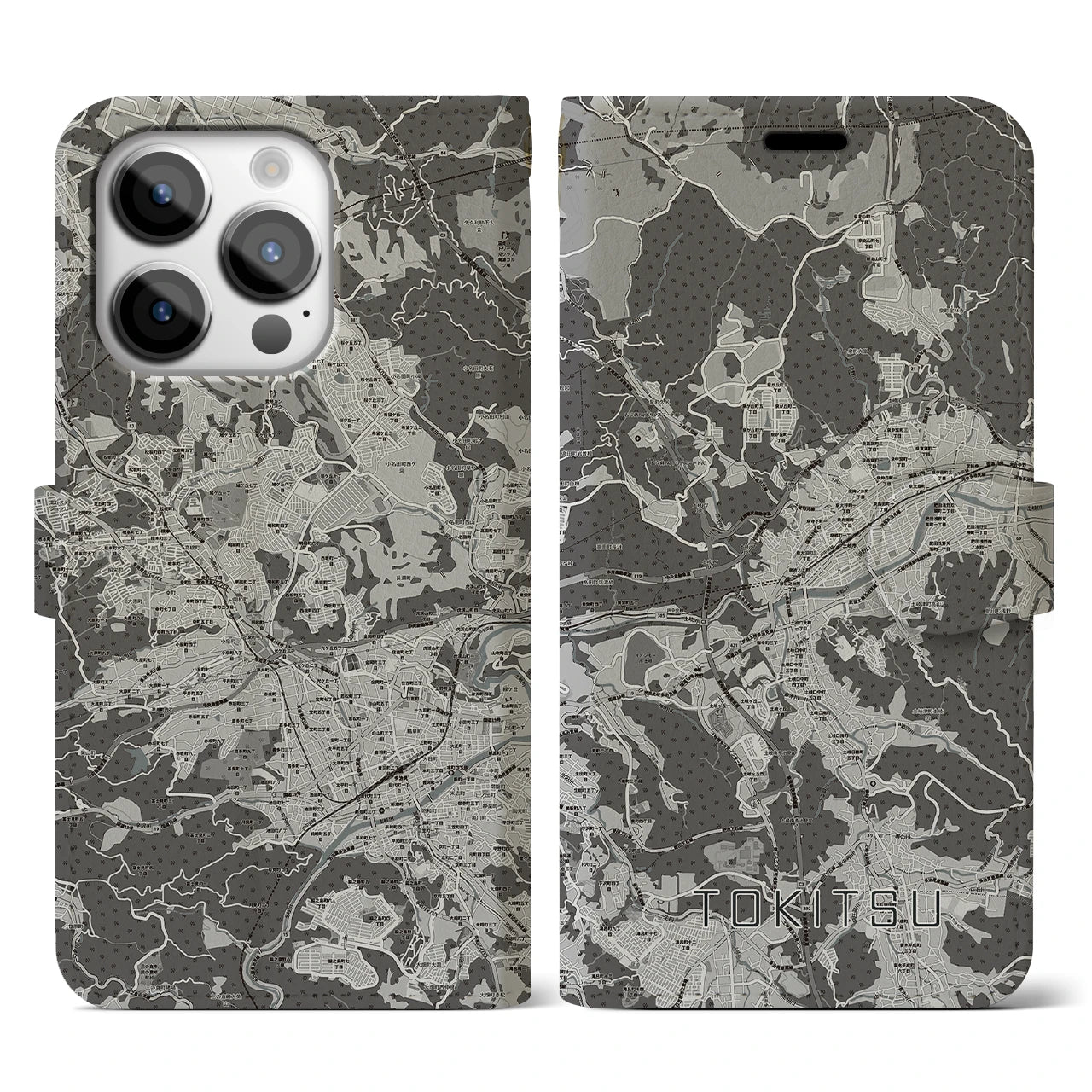 【土岐津(岐阜県)】地図柄iPhoneケース(手帳タイプ)モノトーン・iPhone 14 Pro 用