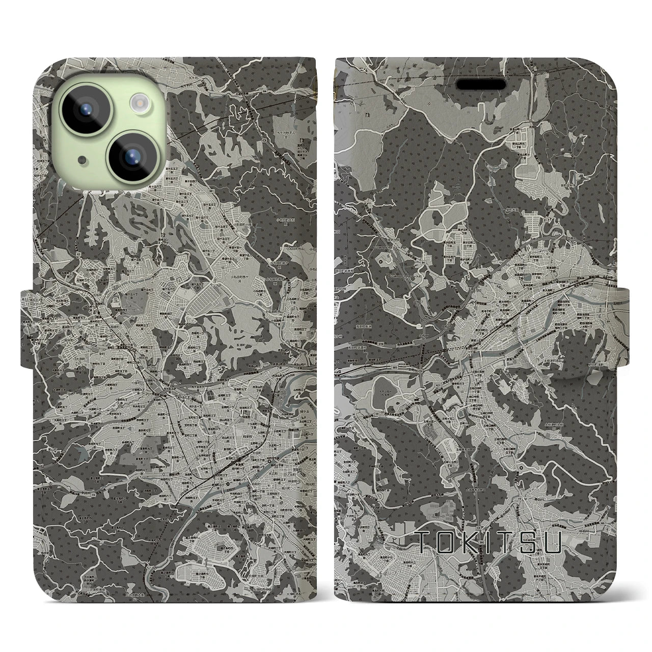 【土岐津(岐阜県)】地図柄iPhoneケース(手帳タイプ)モノトーン・iPhone 15 用