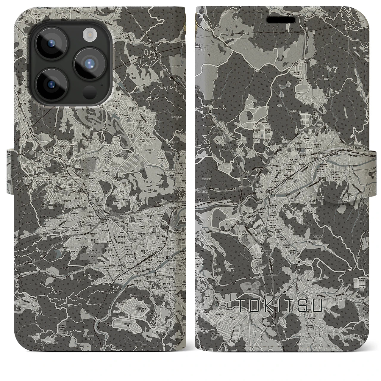 【土岐津(岐阜県)】地図柄iPhoneケース(手帳タイプ)モノトーン・iPhone 15 Pro Max 用