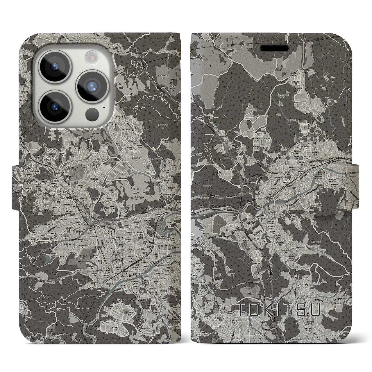 【土岐津(岐阜県)】地図柄iPhoneケース(手帳タイプ)モノトーン・iPhone 15 Pro 用