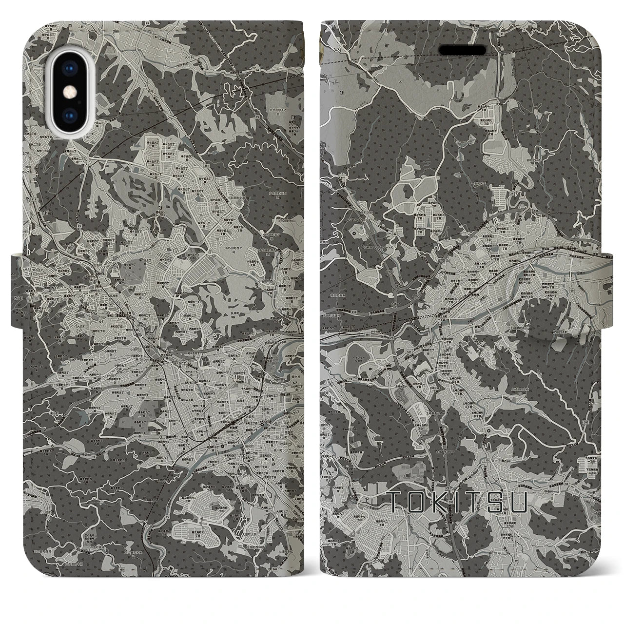 【土岐津(岐阜県)】地図柄iPhoneケース(手帳タイプ)モノトーン・iPhone XS Max 用