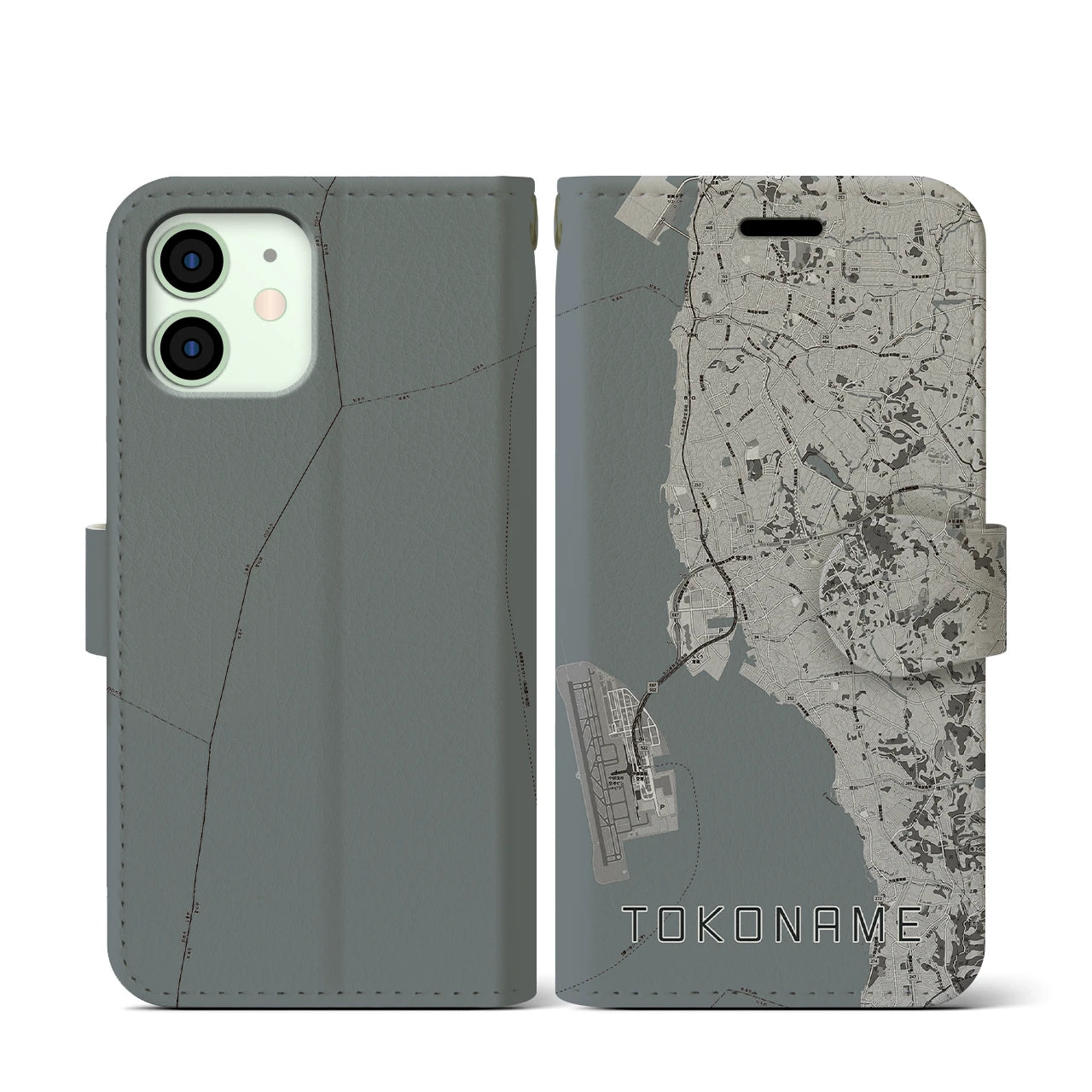 【常滑(愛知県)】地図柄iPhoneケース(手帳タイプ)モノトーン・iPhone 12 mini 用