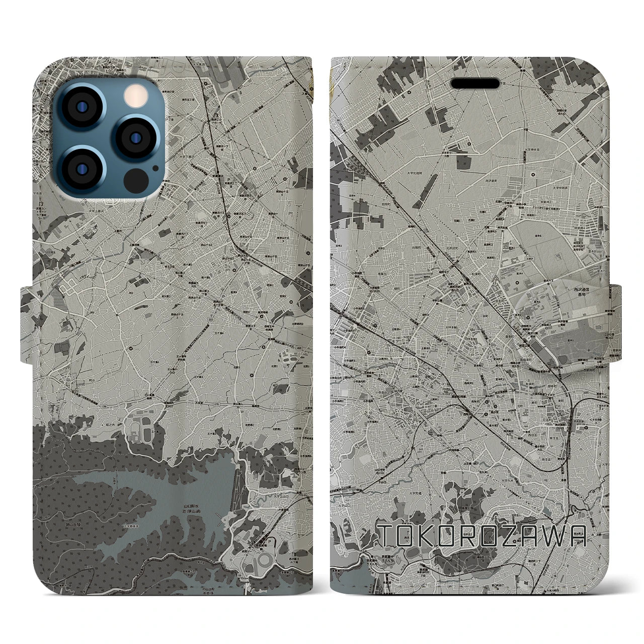 【所沢2(埼玉県)】地図柄iPhoneケース(手帳タイプ)モノトーン・iPhone 12 / 12 Pro 用