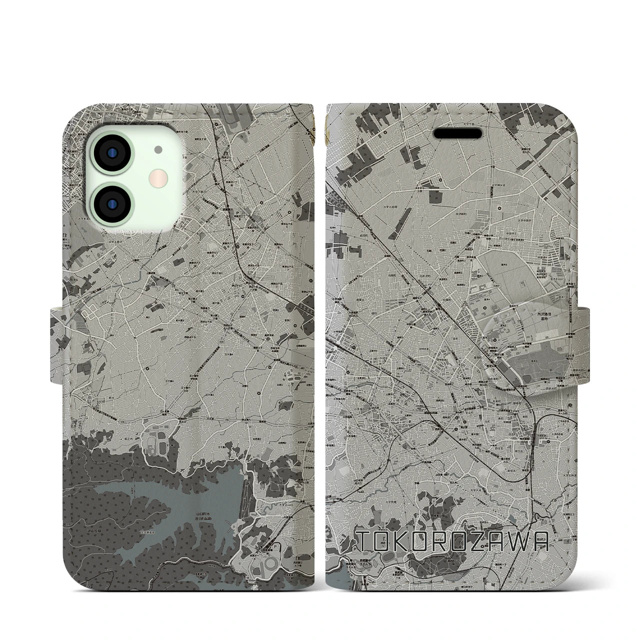 【所沢2(埼玉県)】地図柄iPhoneケース(手帳タイプ)モノトーン・iPhone 12 mini 用