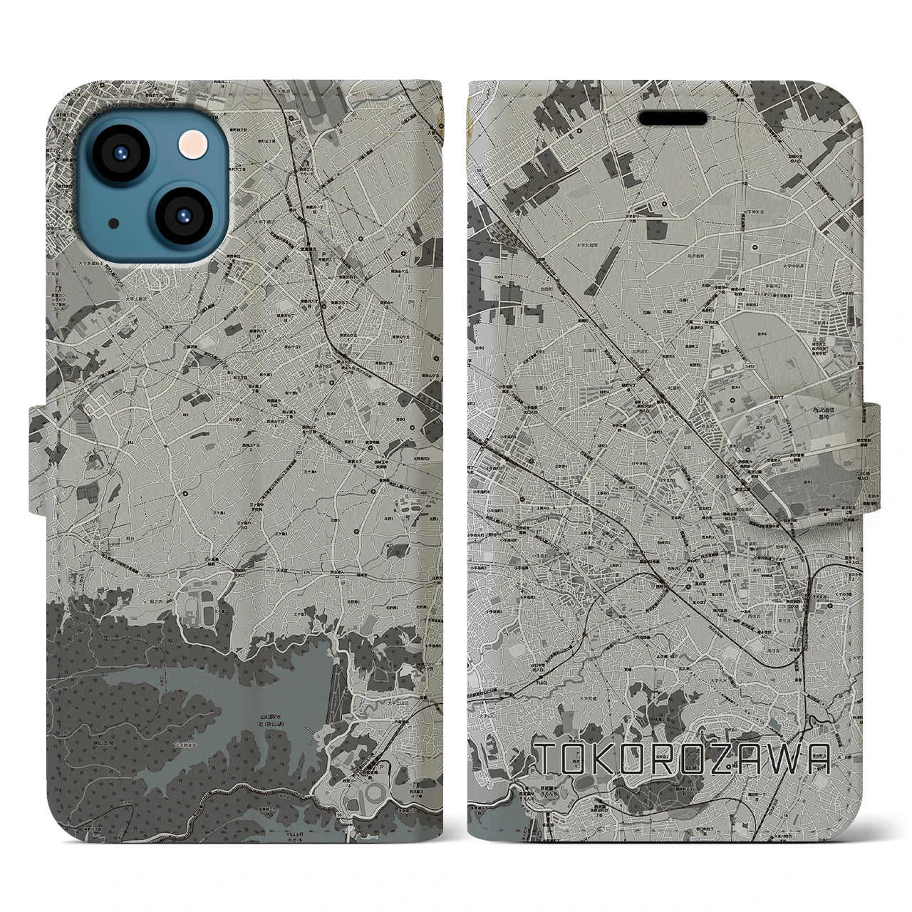【所沢2(埼玉県)】地図柄iPhoneケース(手帳タイプ)モノトーン・iPhone 13 用