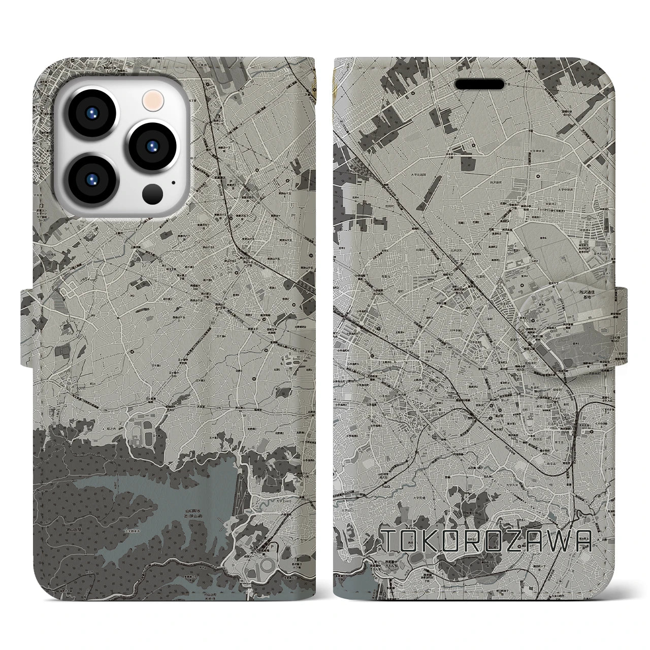 【所沢2(埼玉県)】地図柄iPhoneケース(手帳タイプ)モノトーン・iPhone 13 Pro 用