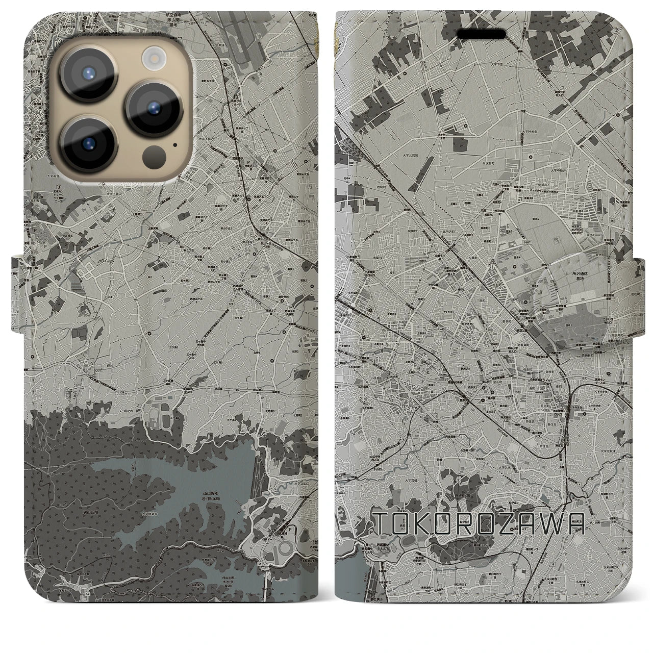 【所沢2(埼玉県)】地図柄iPhoneケース(手帳タイプ)モノトーン・iPhone 14 Pro Max 用