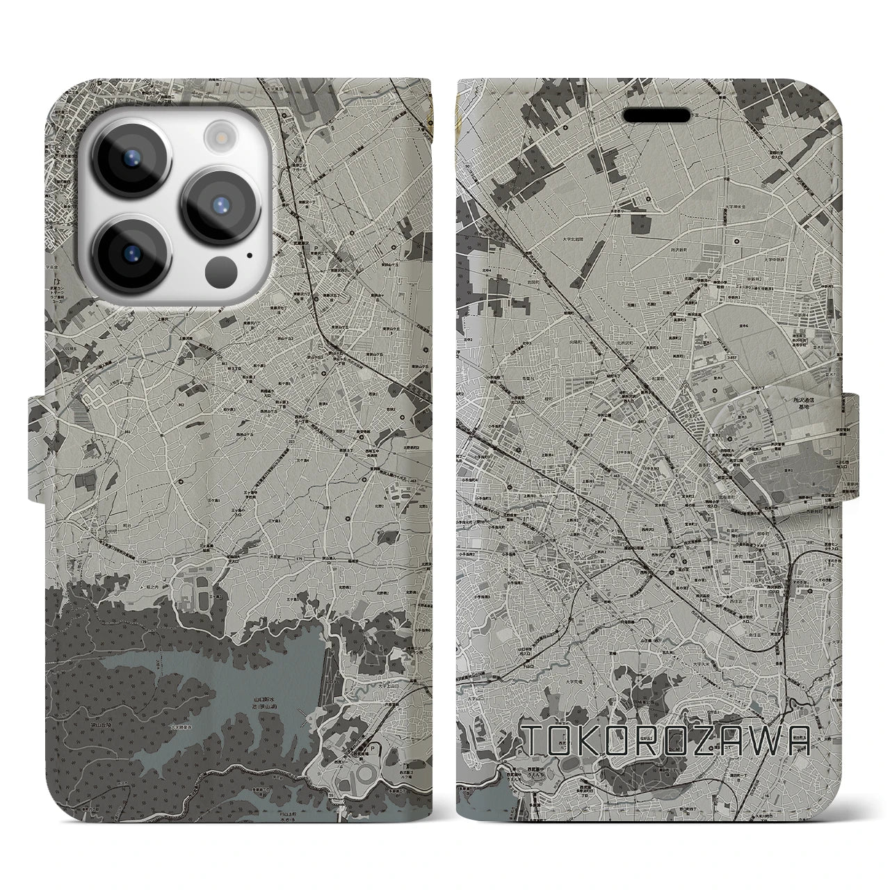 【所沢2(埼玉県)】地図柄iPhoneケース(手帳タイプ)モノトーン・iPhone 14 Pro 用