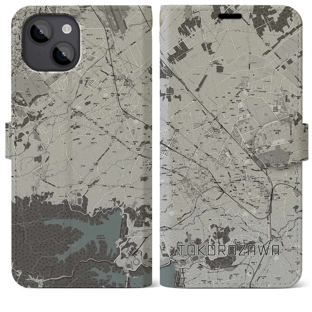 【所沢2(埼玉県)】地図柄iPhoneケース(手帳タイプ)モノトーン・iPhone 14 Plus 用