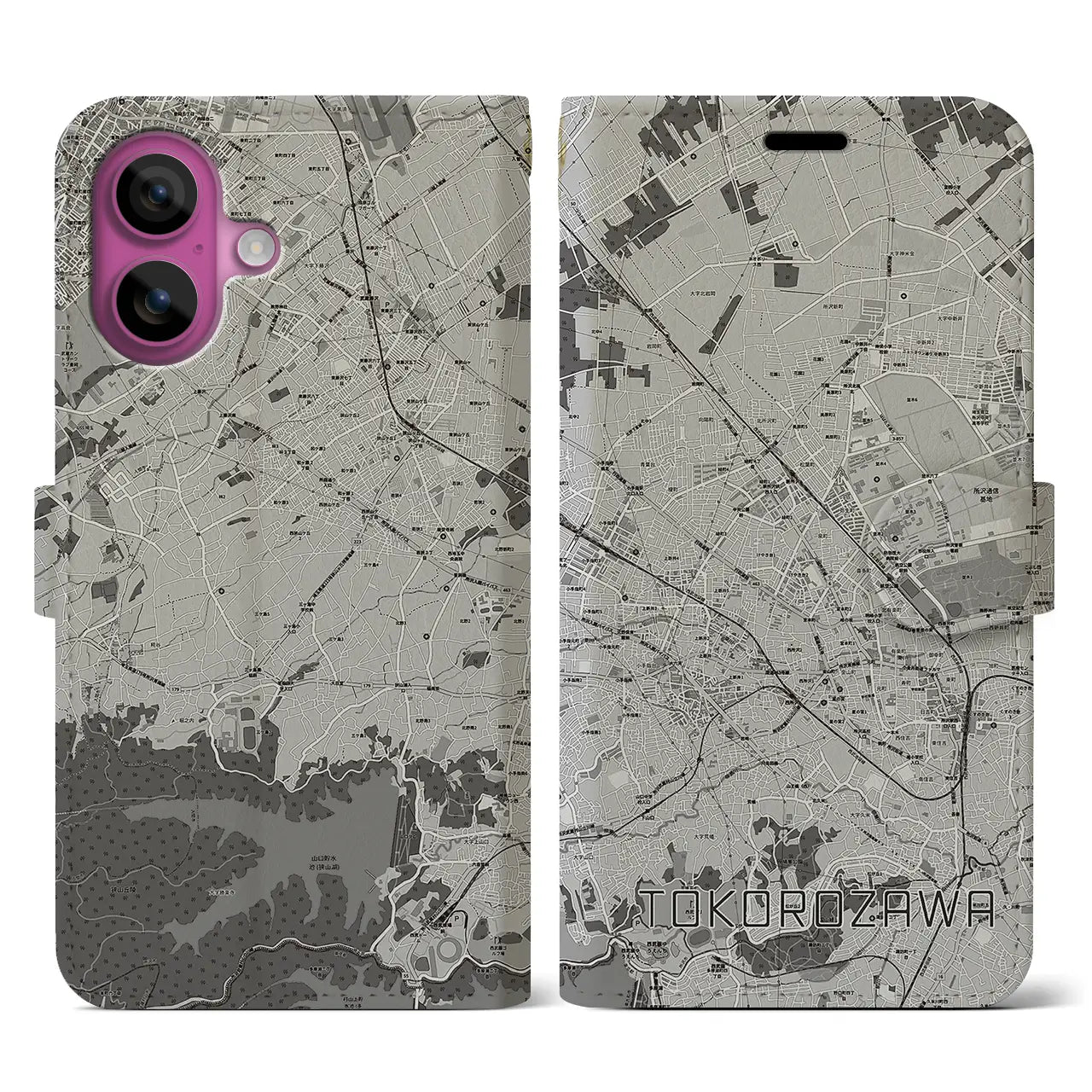 【所沢2(埼玉県)】地図柄iPhoneケース(手帳タイプ)モノトーン・iPhone 16 Pro 用