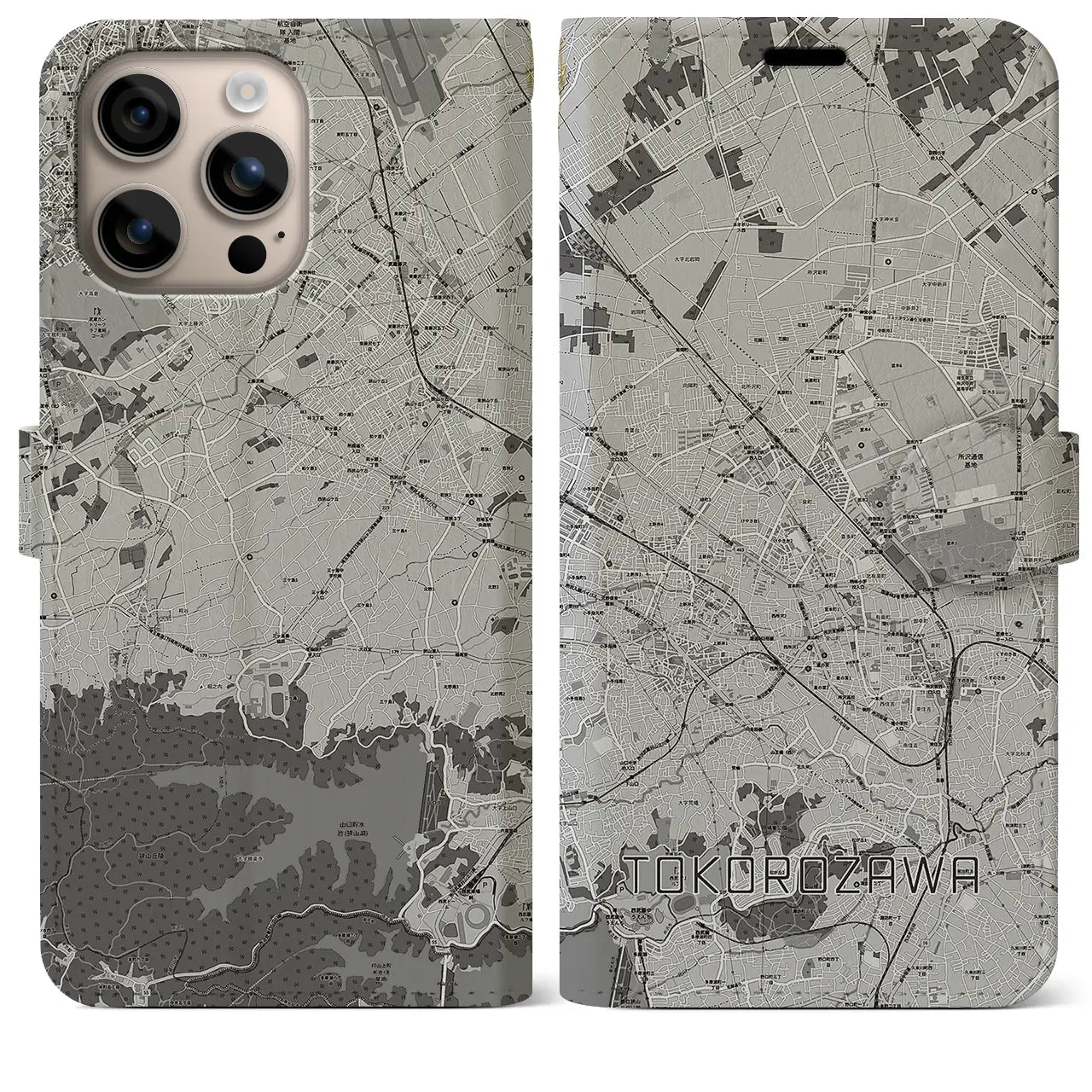 【所沢2(埼玉県)】地図柄iPhoneケース(手帳タイプ)モノトーン・iPhone 16 Plus 用