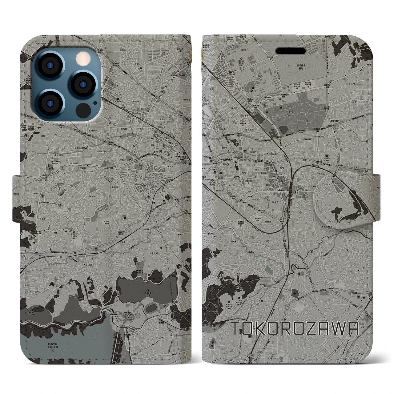 【所沢(埼玉県)】地図柄iPhoneケース(手帳タイプ)モノトーン・iPhone 12 / 12 Pro 用