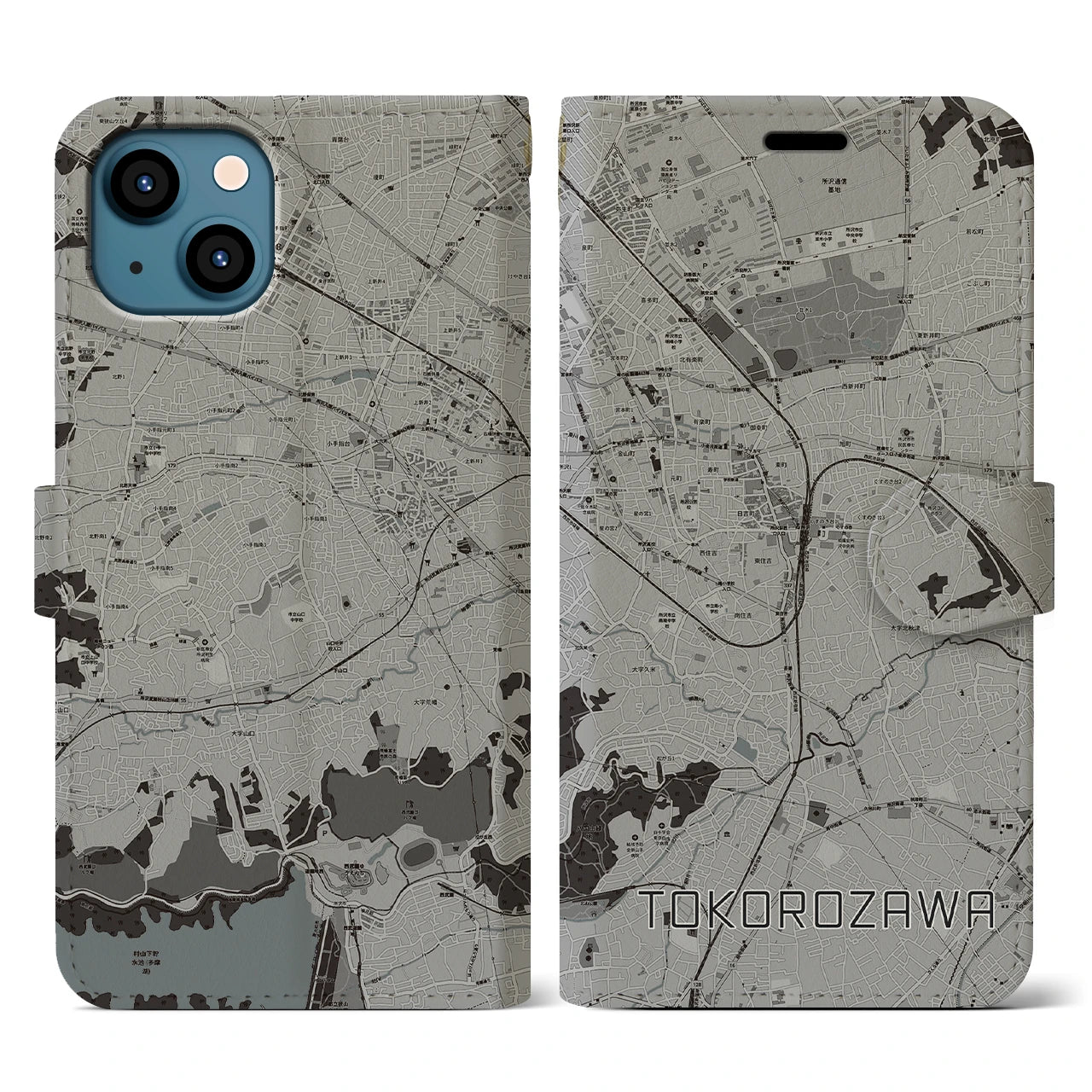 【所沢(埼玉県)】地図柄iPhoneケース(手帳タイプ)モノトーン・iPhone 13 用