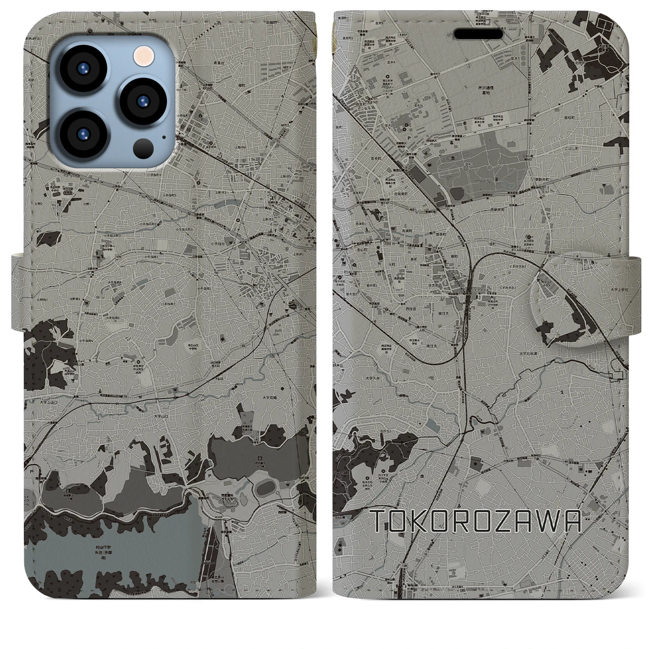 【所沢(埼玉県)】地図柄iPhoneケース(手帳タイプ)モノトーン・iPhone 13 Pro Max 用
