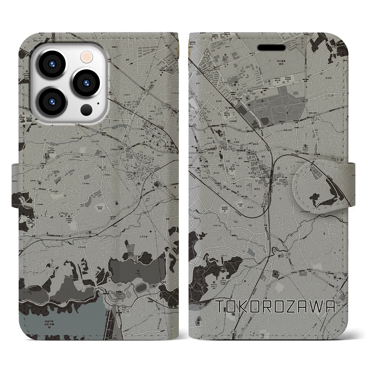 【所沢(埼玉県)】地図柄iPhoneケース(手帳タイプ)モノトーン・iPhone 13 Pro 用