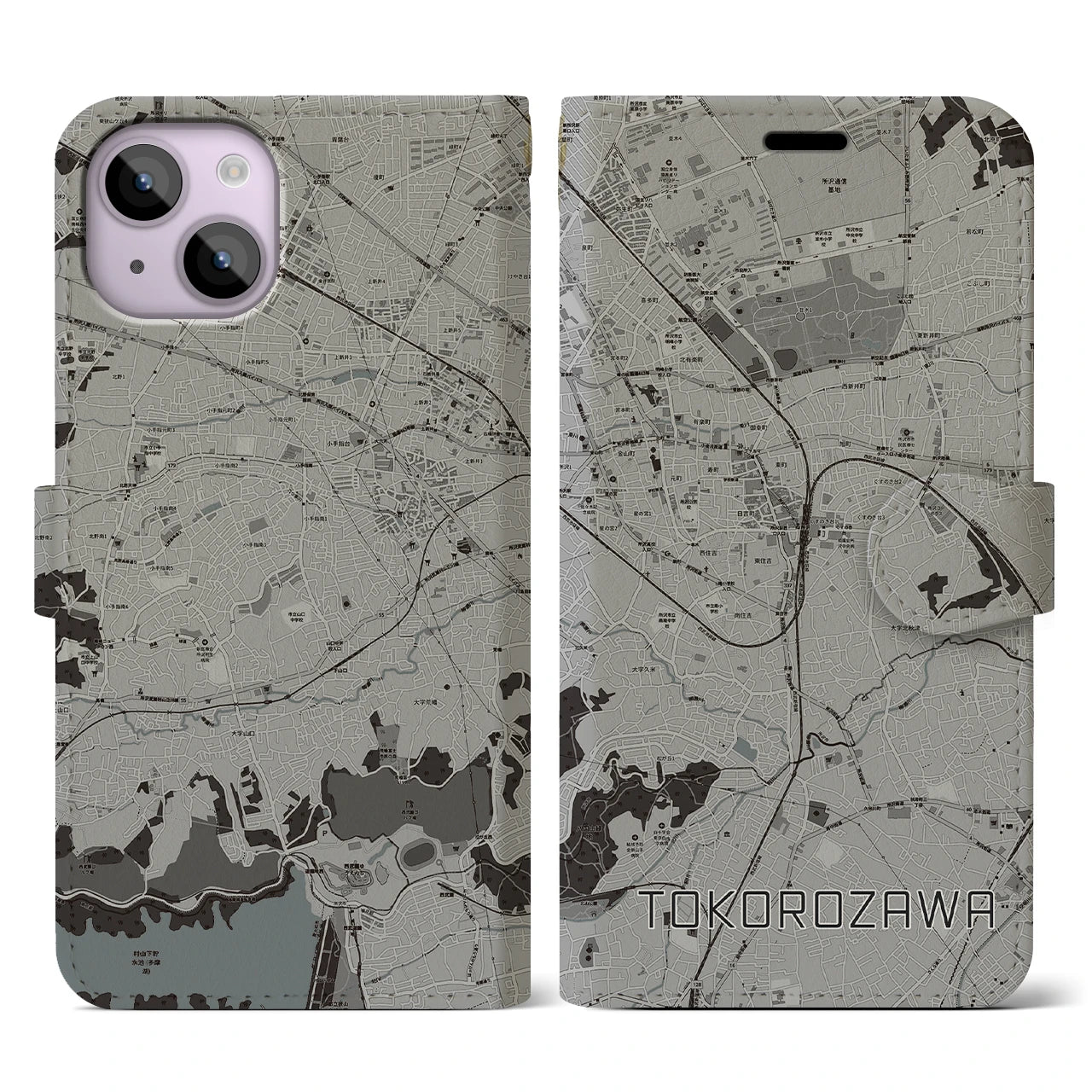 【所沢(埼玉県)】地図柄iPhoneケース(手帳タイプ)モノトーン・iPhone 14 用