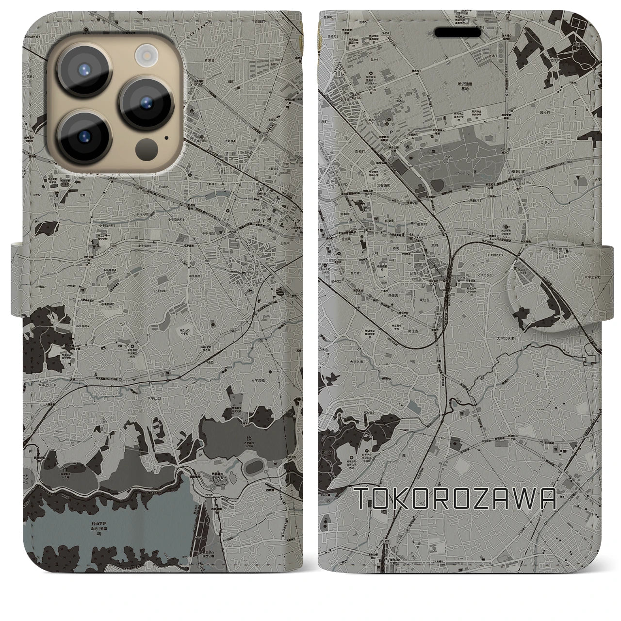 【所沢(埼玉県)】地図柄iPhoneケース(手帳タイプ)モノトーン・iPhone 14 Pro Max 用
