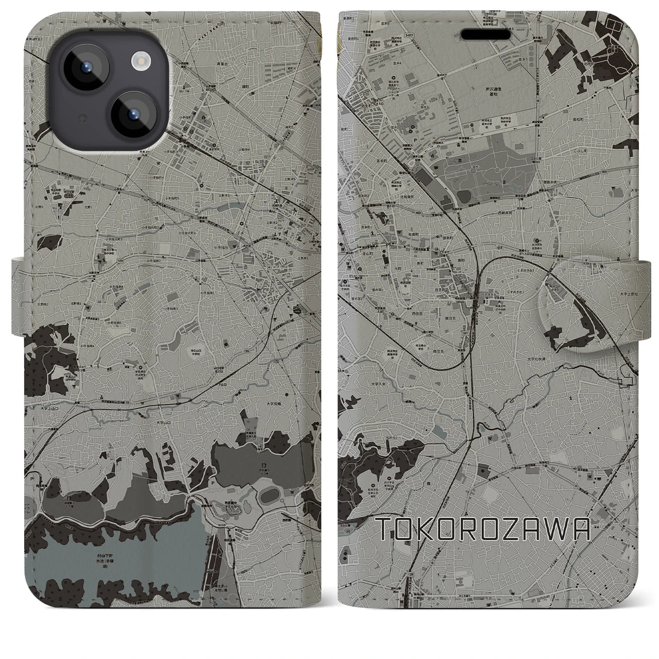 【所沢(埼玉県)】地図柄iPhoneケース(手帳タイプ)モノトーン・iPhone 14 Plus 用